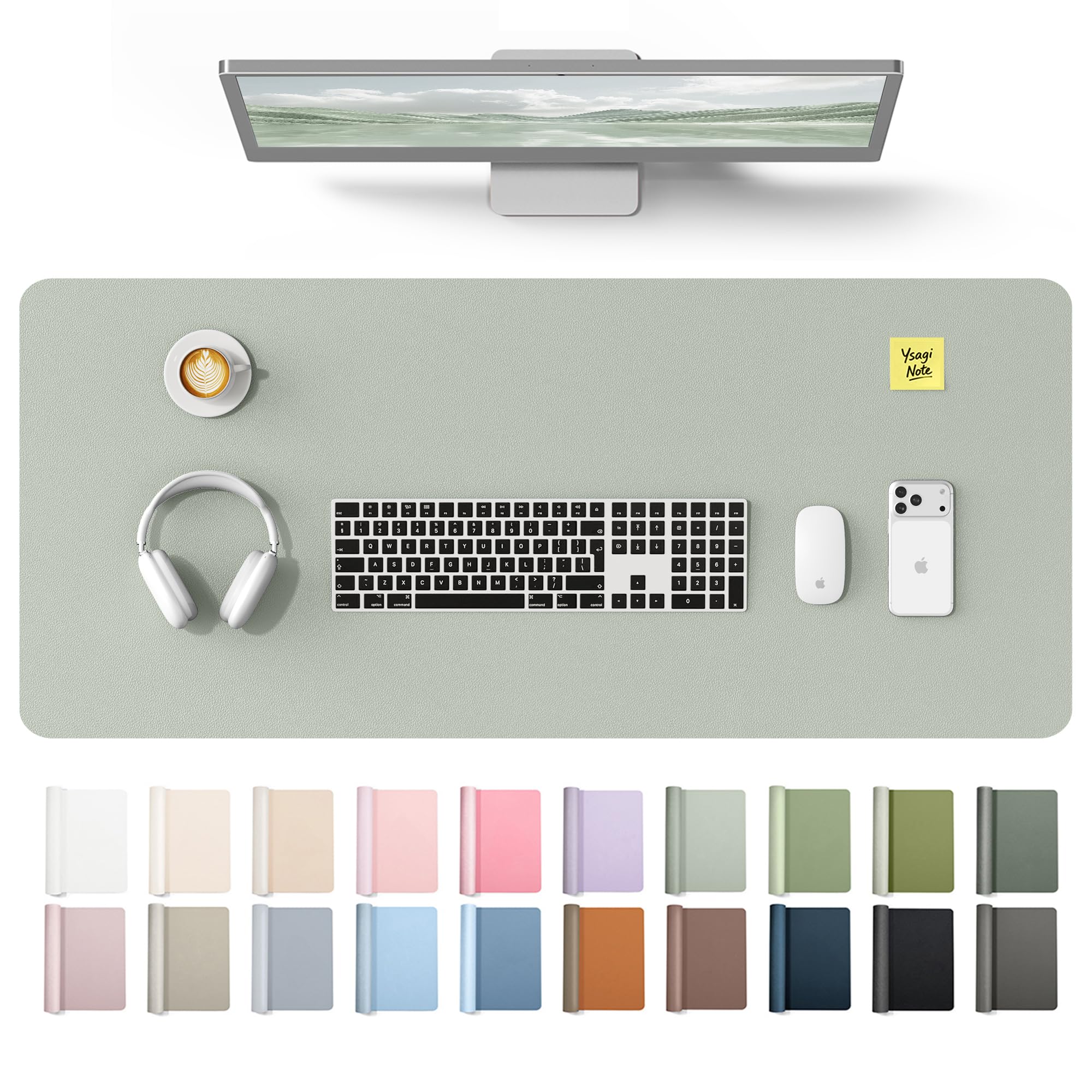 YSAGi Leather Desk Protector, Office Mat, Large Mouse Mat, Non-Slip PU Leather Blotter, Laptop Desk Mat, Waterproof Writing Pad for Office and Home(Grayish Green, 42" x 17.2")