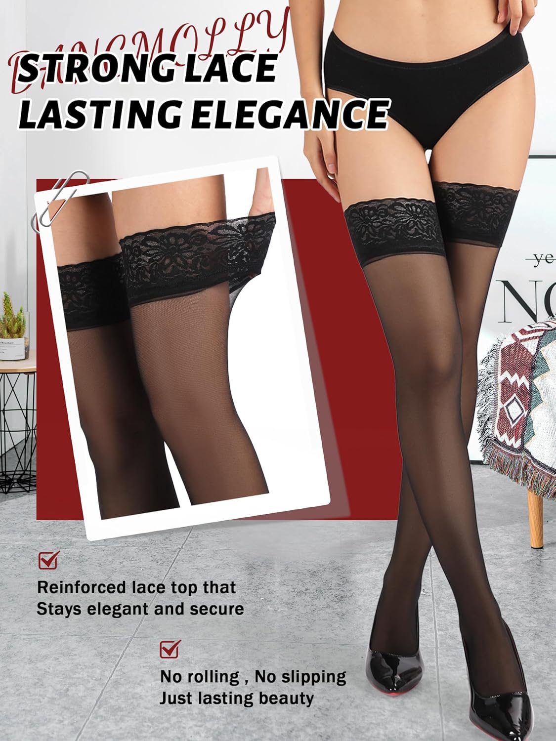 DancMolly Women’s Thigh High Stockings with Reinforced Lace Top, Silicone Stay Up Sheer Pantyhose - Image 3