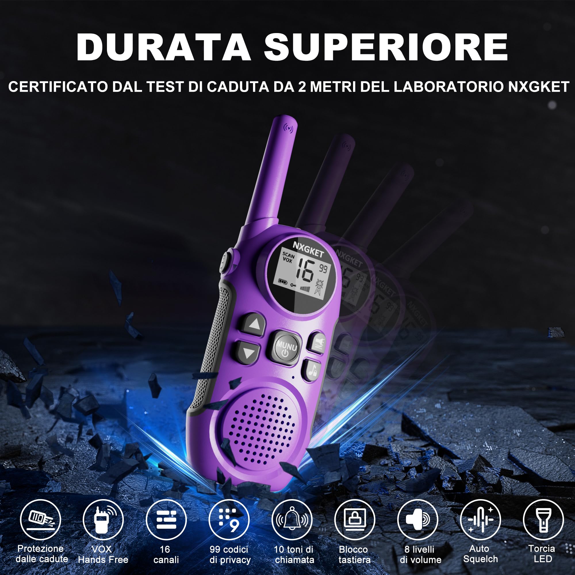 Walkie Talkie Professionali Ricaricabili per Bambini,NXGKET Radioline Woki Toki 16 Canali,Batteria Integrata,Con Torcia per Giochi all'aperto Campeggio Escursionismo