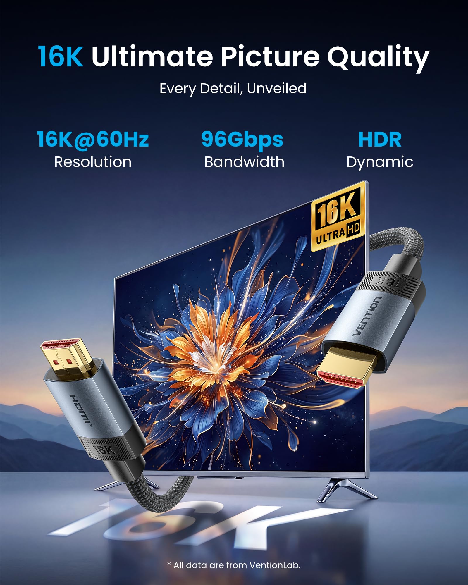 VENTION Kabel HDMI 2.2, 3 m, 96 Gbps, Ultra High Speed 16K, Ultra96 HDMI do soundbara eARC, 8K 120 Hz 4K 240 Hz, do PS5 Xbox, kart graficznych TV monitora