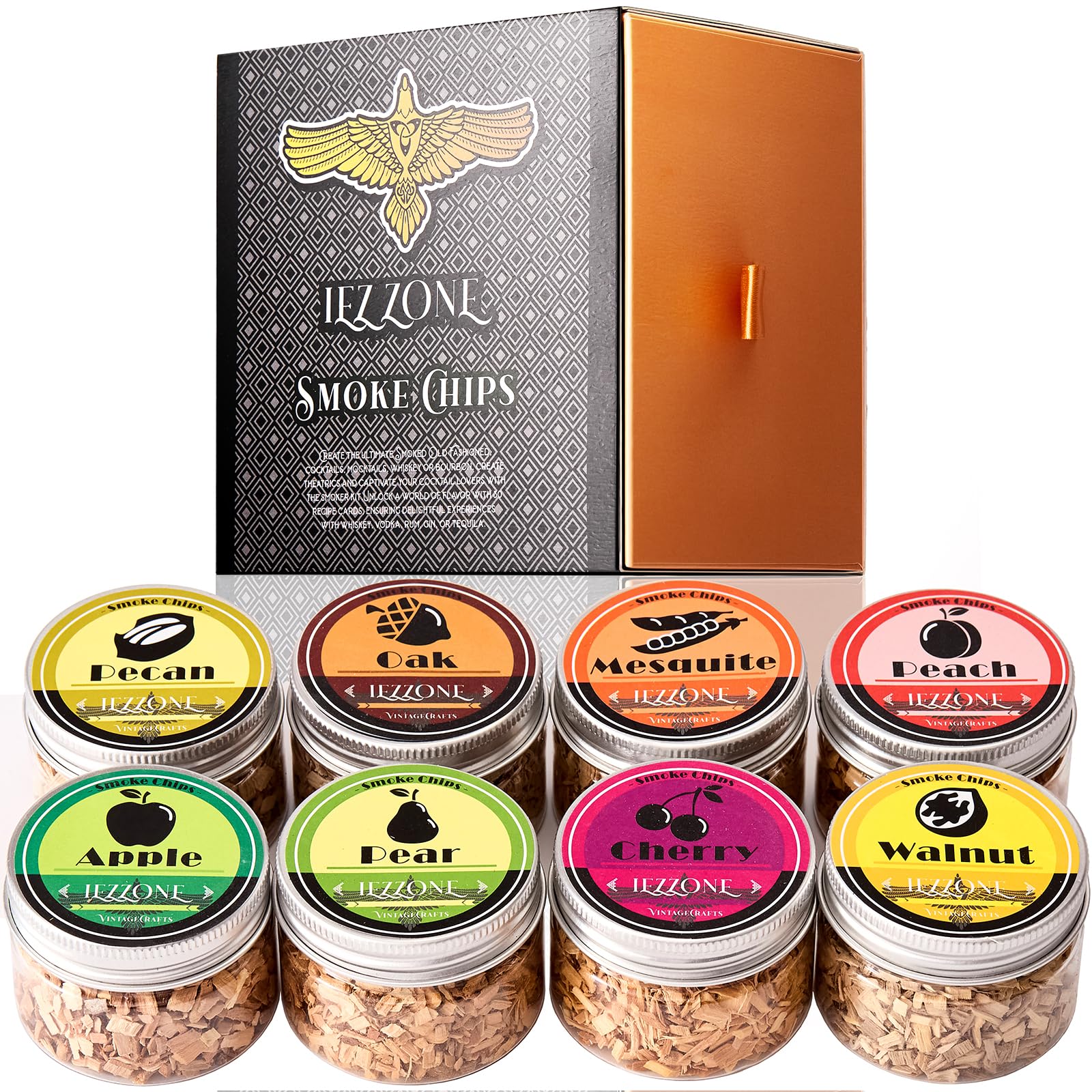 Chips de madera para ahumar cócteles, ahumadores de whisky, 8 sabores, chips de madera natural, regalo para marido, padre, pistola de humo, cócteles, bebidas, alimentos (paquete de 12)