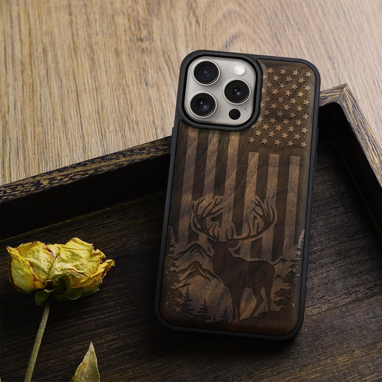 Carveit Magnetic Wooden Case for iPhone 15 Pro Max Case, Compatible with MagSafe Wireless Chargers, Black Soft TPU Shockproof Cover & Wood Artisan Engraved (Patriotic Elk Majesty) - Walnut