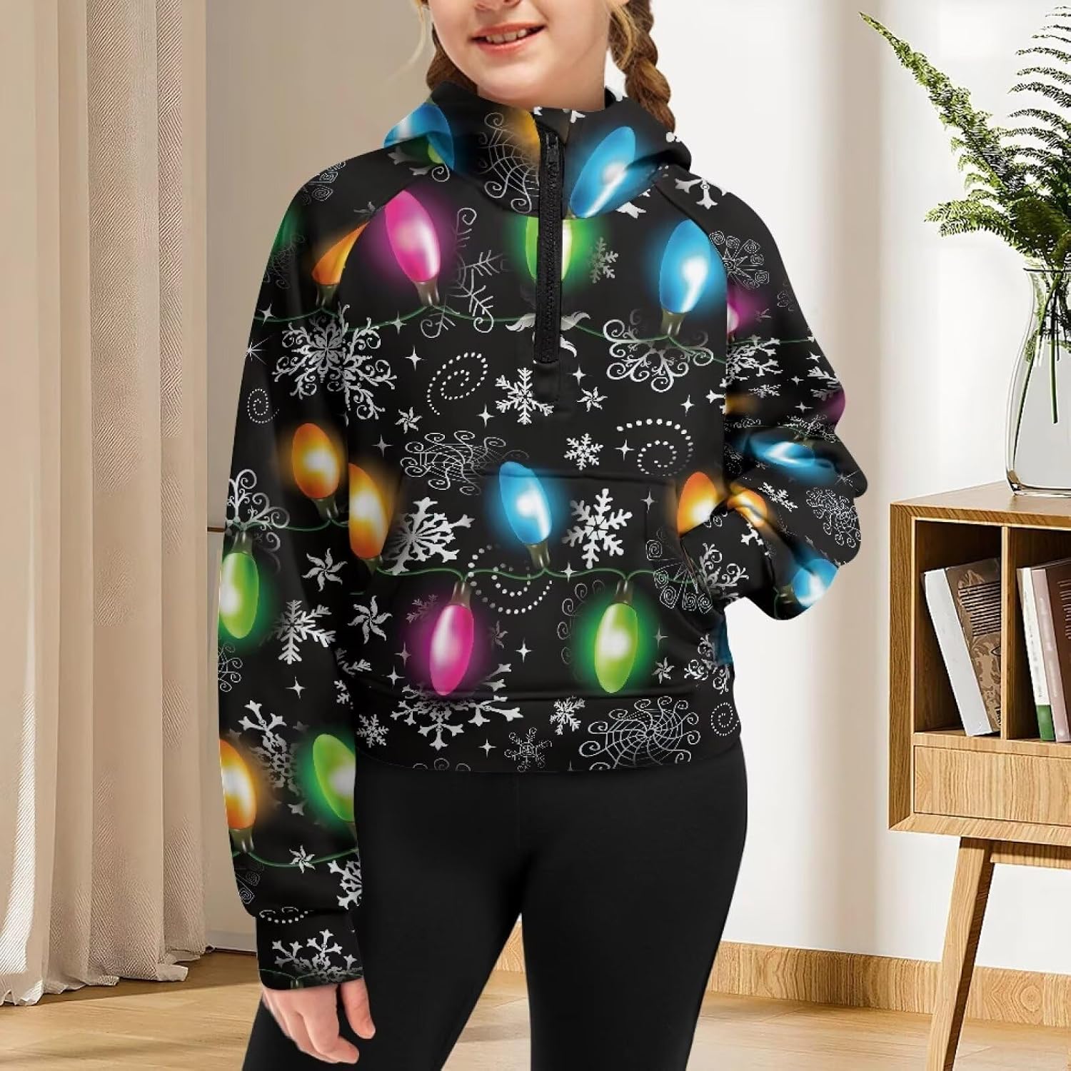 Girl's Fashion Hoodies Long Sleeve Half Zip Up Cropped Unisex Kid Sweatshirts Hooded with Pocket Pullover Tops