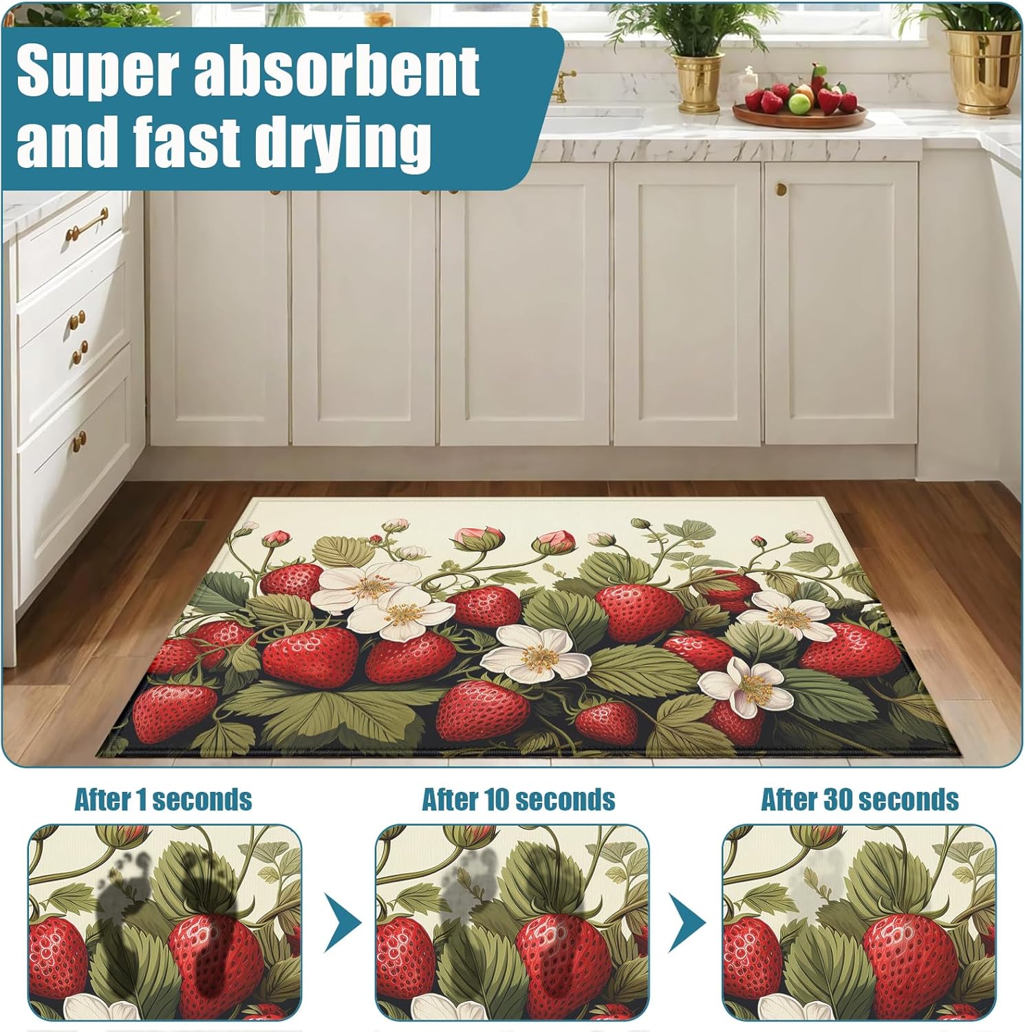 Strawberry Indoor Door Mat, White Flower Outdoor Entrance Doormat for Entryway Kitchen Bathroom 17 X 29 Inch