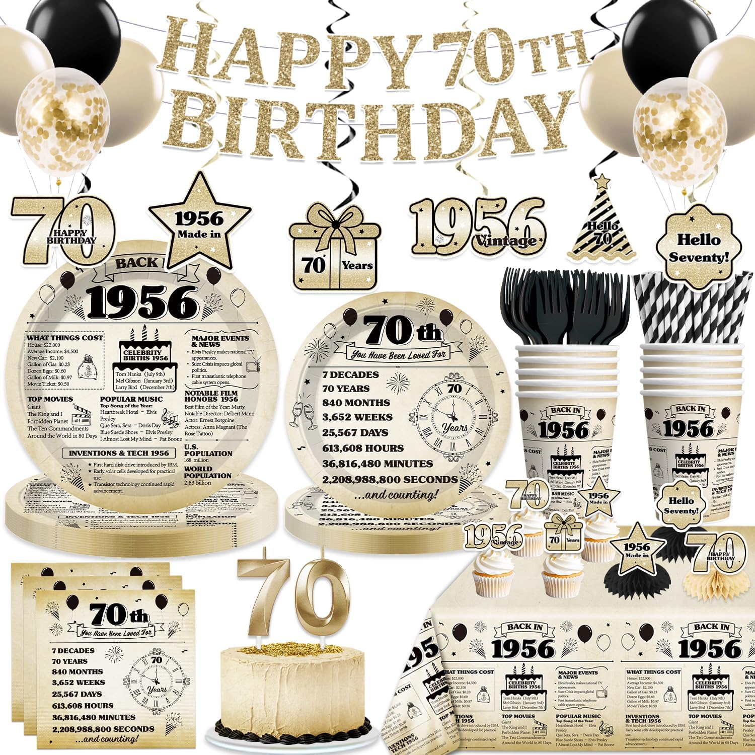 214Pcs 1956 Birthday Decorations for 25 Guests – Disposable Tableware Set with Banner, Cake Cupcake Toppers, Plates and Napkins, Tablecloth– Easy Setup for happy 70th birthday