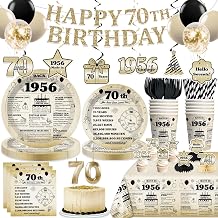 214Pcs 70th Birthday Decorations Men Women for 25 Guests Disposable Tableware Set with Banner, Cake Cupcake Toppers, Plates and Napkins, Tablecloth Easy Setup for Back 1956 Birthday Party