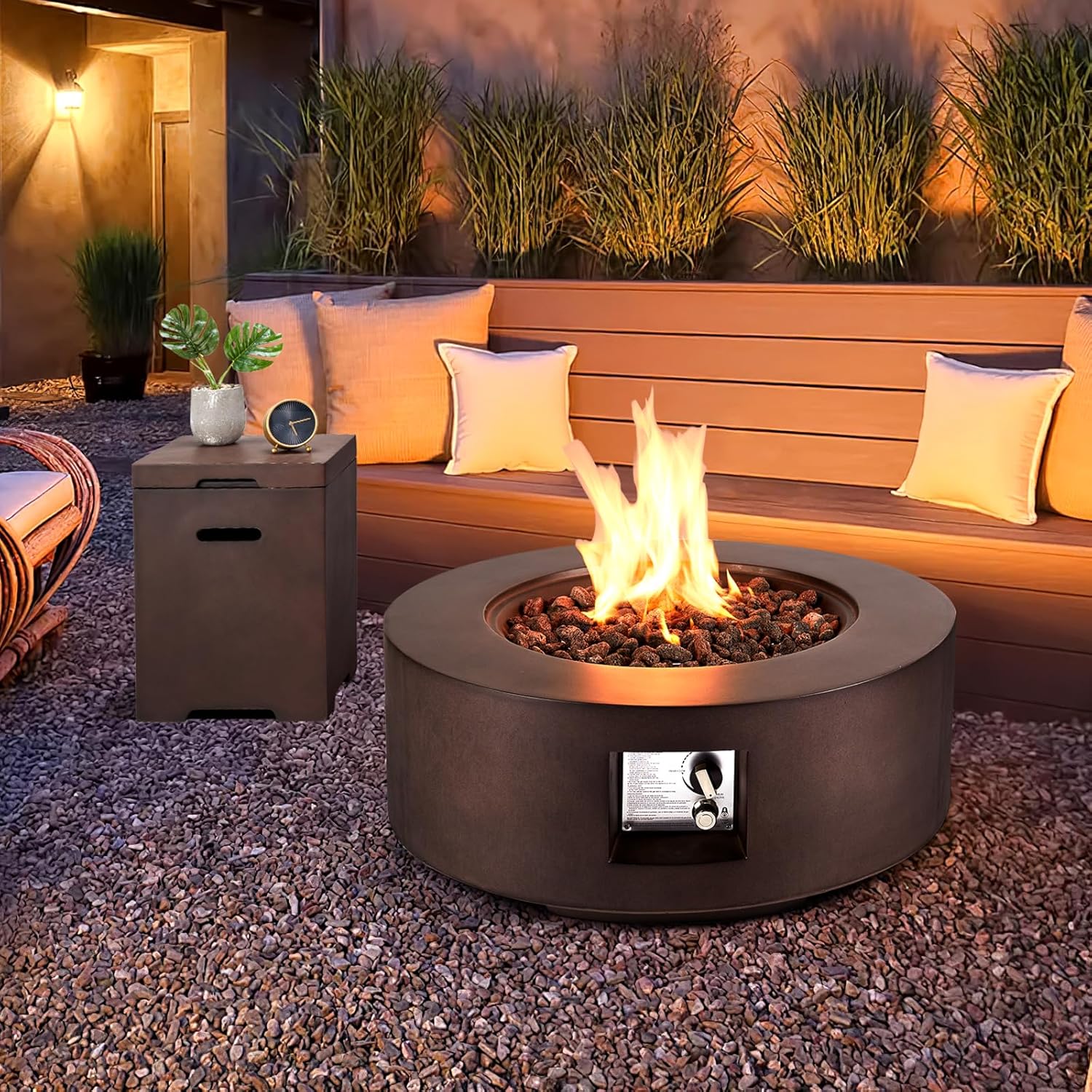 ECOTOUGE 2-Piece Gas Fire Pit, Outdoor Propane Firepit Table Set w/Tank Cover, 30''Auto-Ignition Round Steel Fire Table, 50,000 BTU Concrete fire Pit w/Weather-Resistant Pit Cover, Lava Rocks, Brown