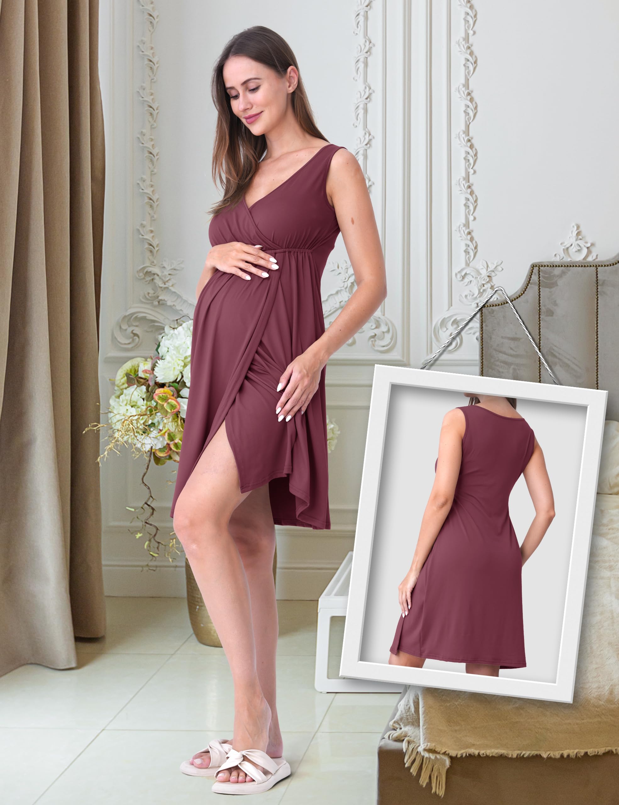 SUNNYBUY Chemise de nuit de grossesse et d'allaitement avec robe de chambre 2 pièces | Robe de nuit de grossesse 3 en 1 pour naissance, puerpéralité et allaitement, vêtement de nuit d'hôpital, rouge