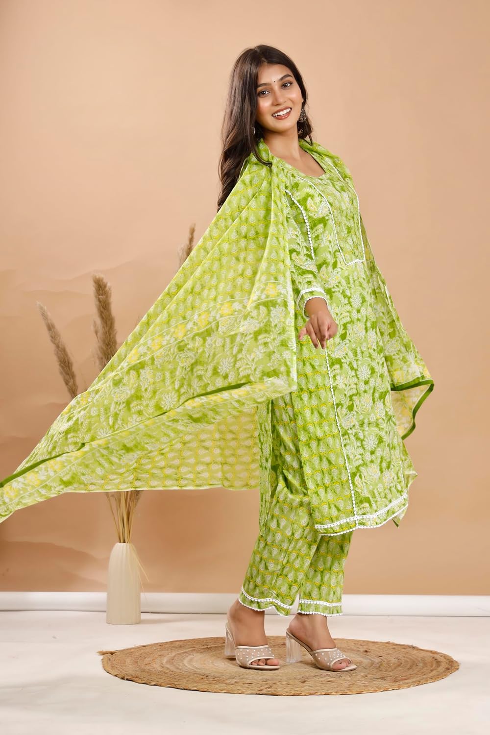 Women's Cotton Floral Printed Straight Traditional Indian Kurta with Pant & Dupatta