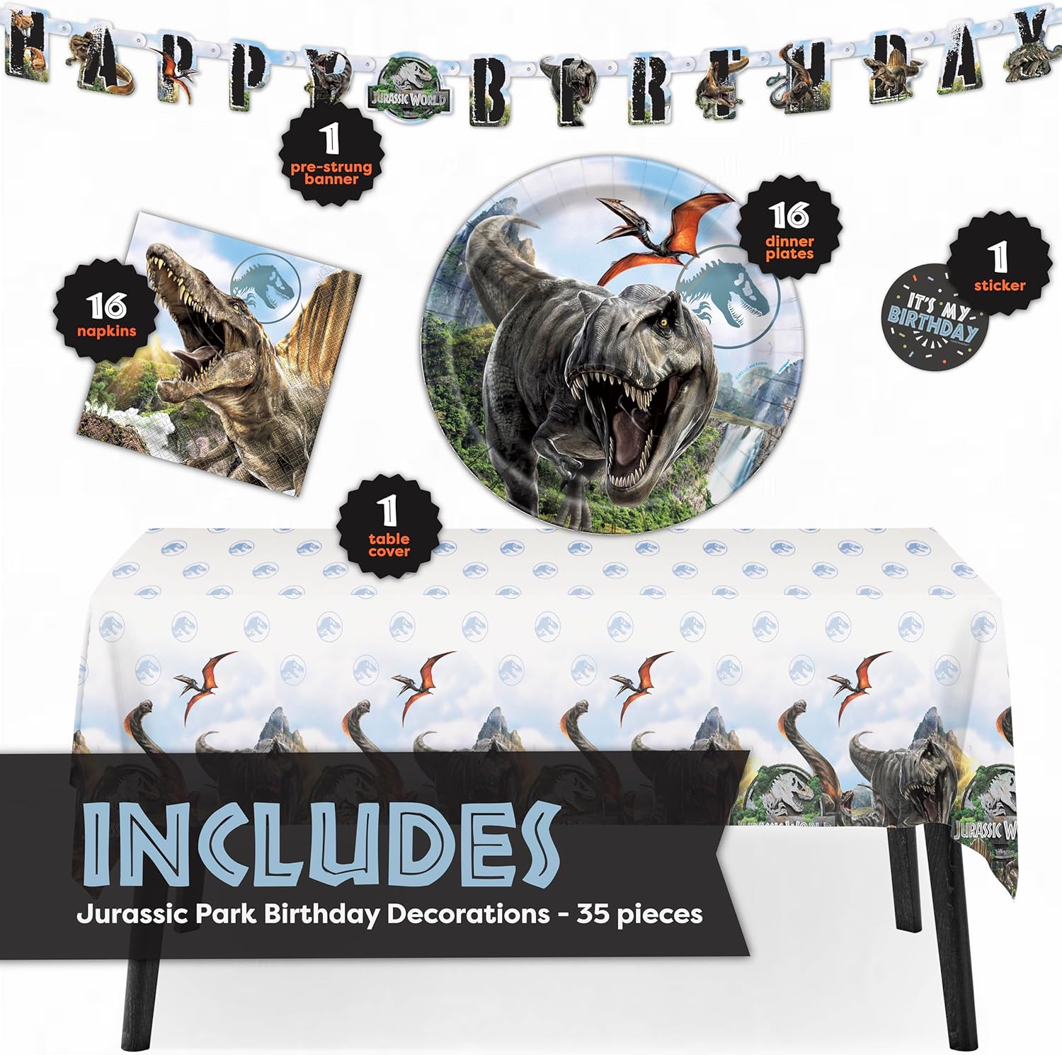 Jurassic Park Birthday Decorations for 16 | Banner, Tablecloth, Plates, Napkins | Officially Licensed Jurassic World Party Decorations