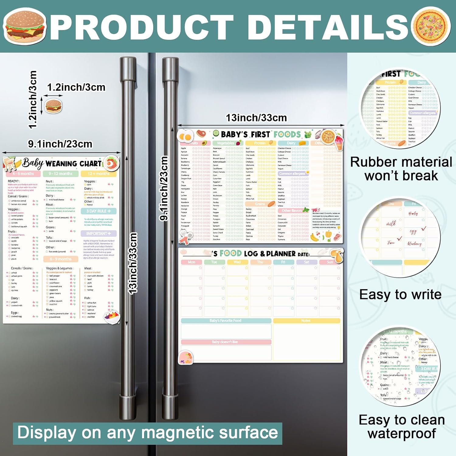 13Pcs Baby's First Food Tracker Fridge Magnet-Reusable Baby Weaning Chart Food Log Meal Planner 101 Foods Before 1 Checklist for Introducing Solids with 10 Cute Fridge Magnets (Pastel)