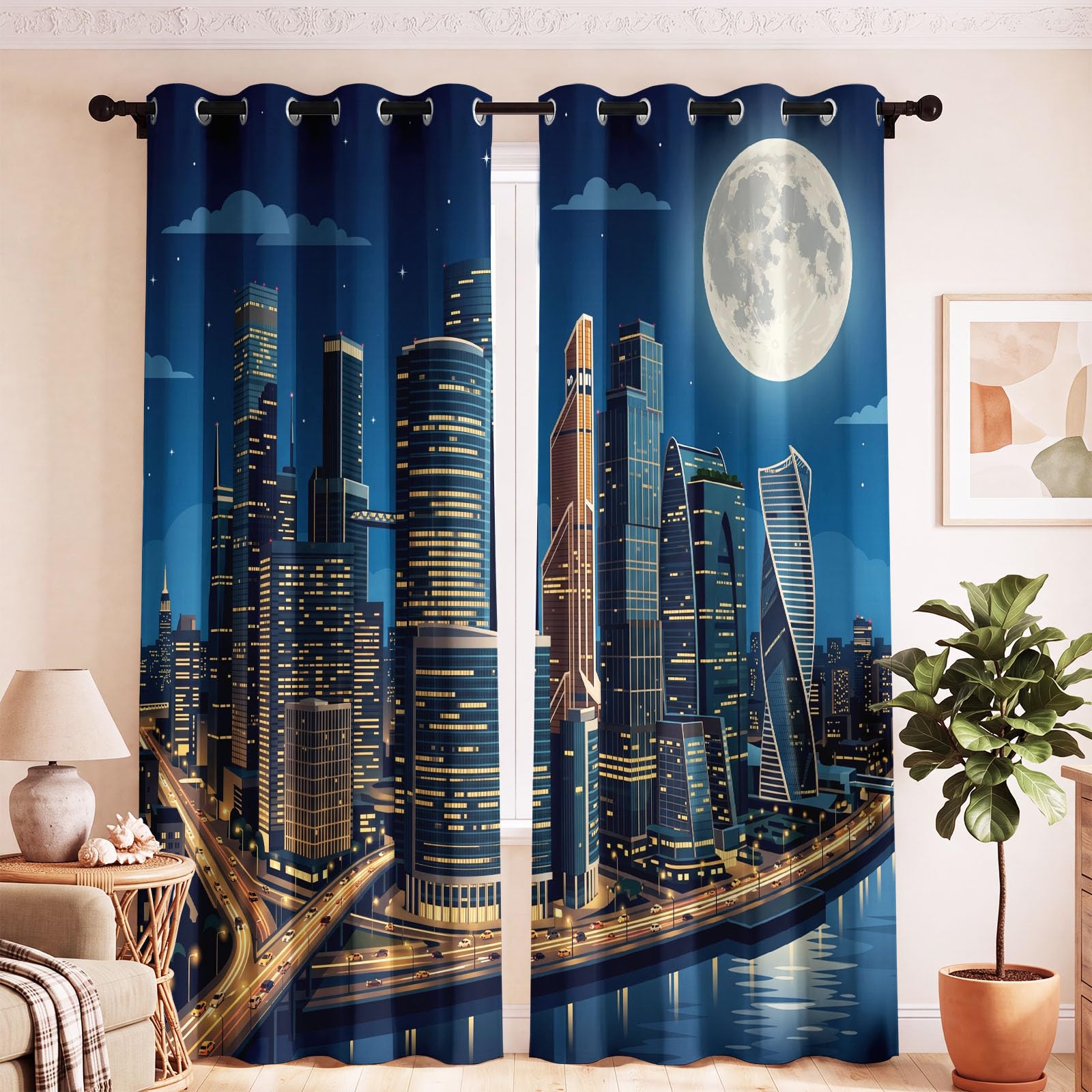 Générique Rideau Occultant Moderne Urbain 132 x 214 CM, Ville Architecture Rideaux et Draperies pour Enfants Filles Chambre Salon Rideaux de Fenêtre Thermiques Isolants