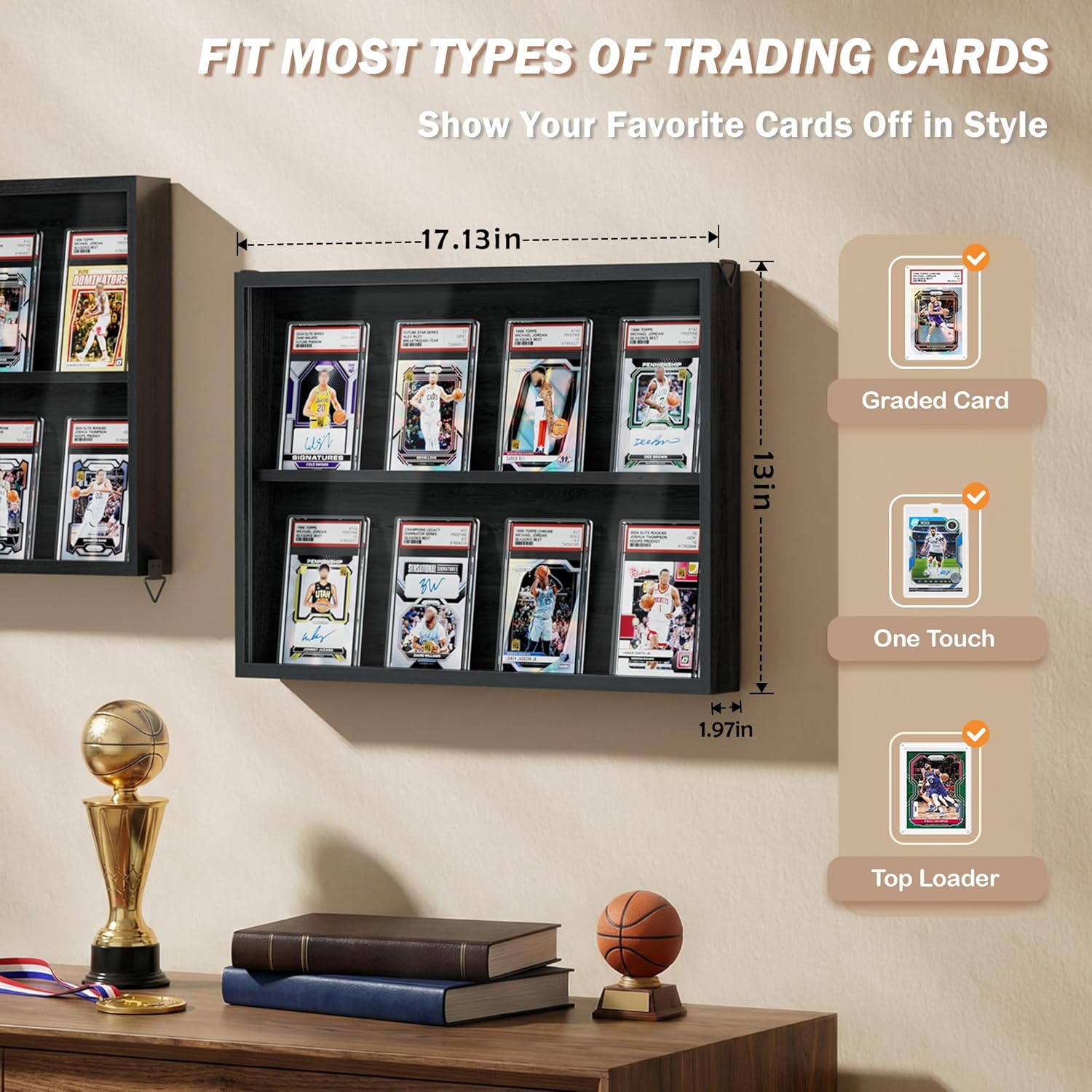 Emfogo Card Display Case, 2 Pack Trading Card Display with Clear View, Wooden Graded Sports Card Display Case Wall Mounted, Baseball Card Display Frame for Trading Card Collection (2 Pack-Black)