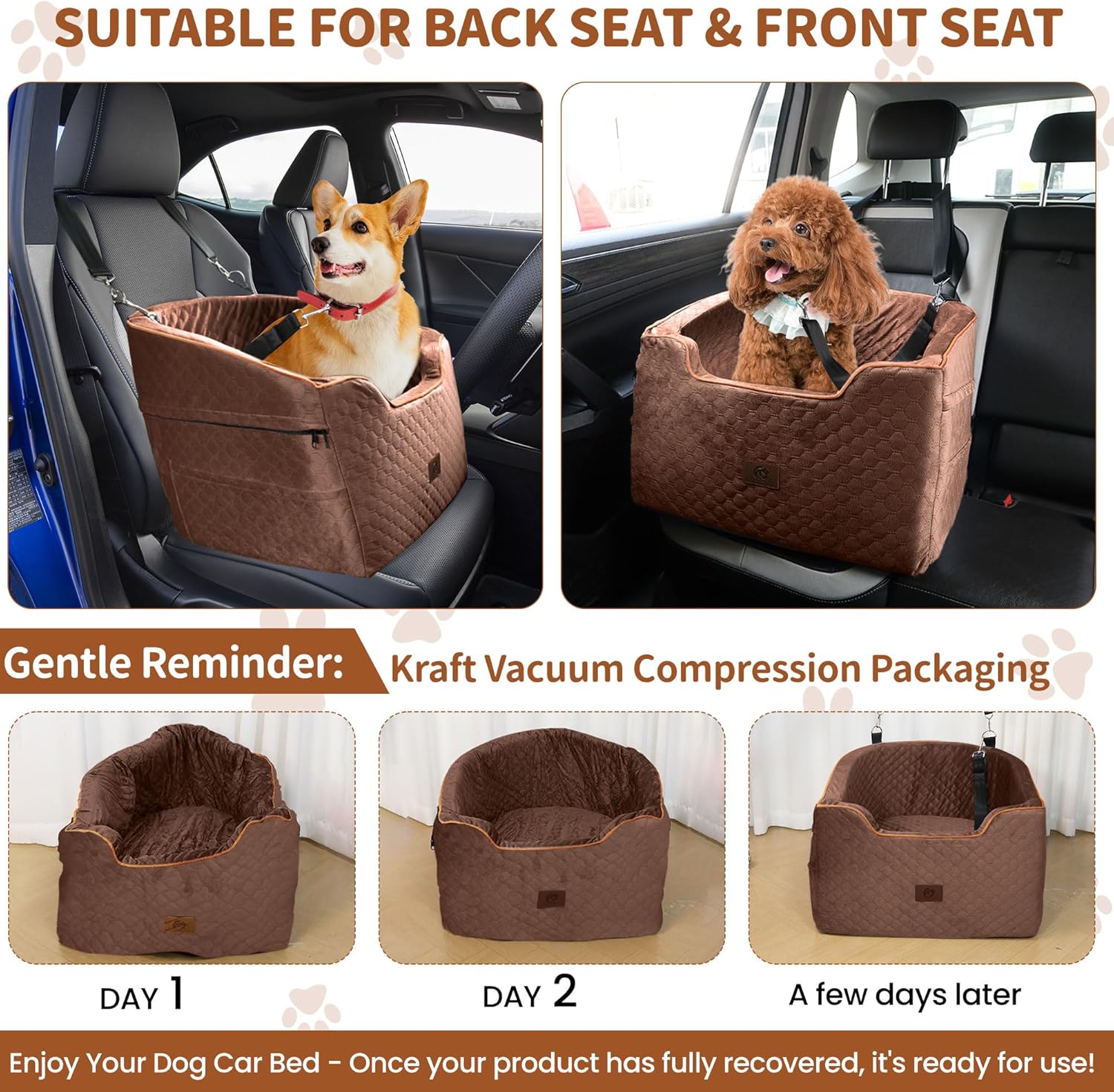 OTOB Memory Foam Dog Car Seat for Small Medium Dogs, Adjustable All Season Booster Car Seat for Dogs up to 37 lbs, Washable Detachable Pet Puppy Dog Bed with Thick Cushion, Brown