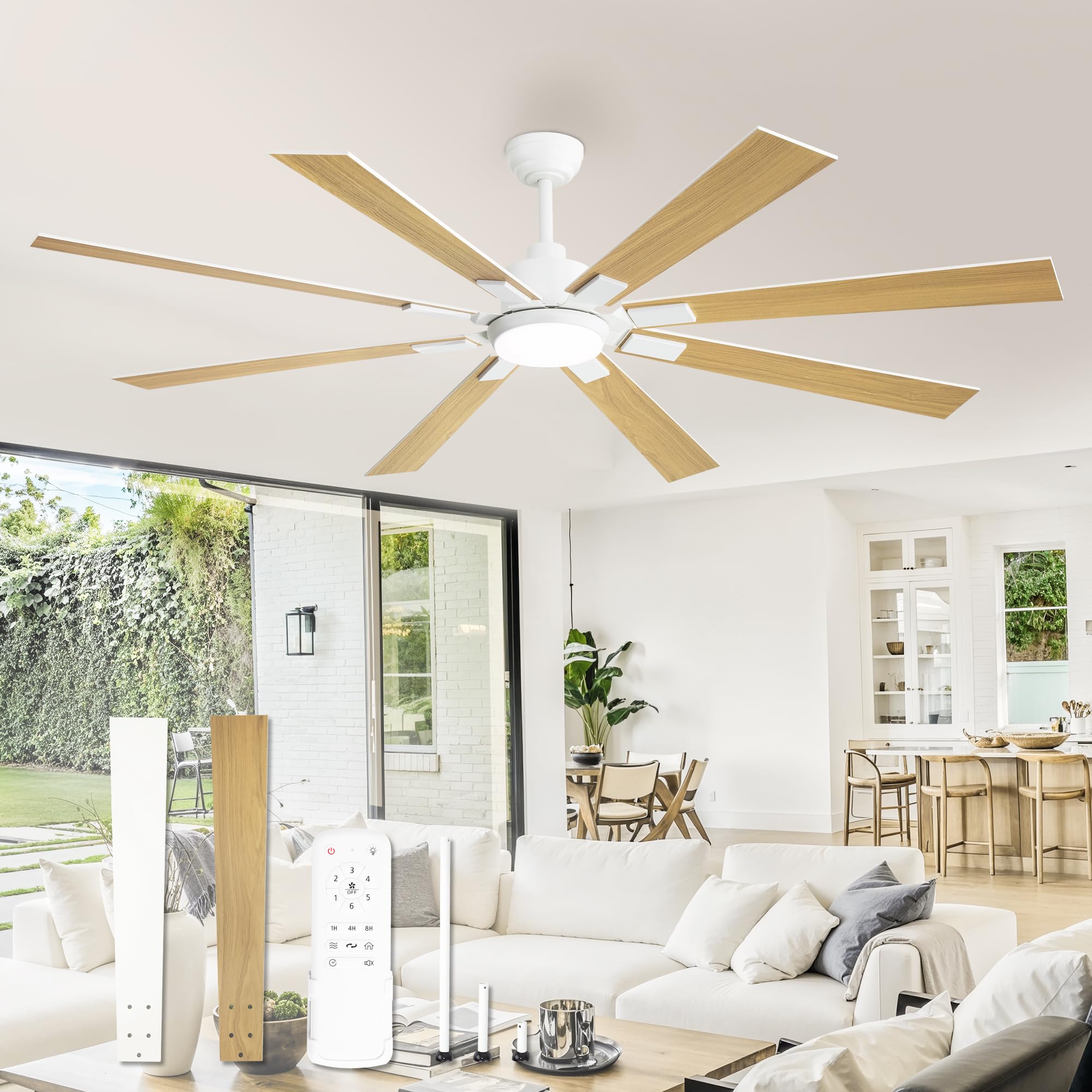 ZMISHIBO 72 inch White Ceiling Fans with Lights and Remote, Indoor/Outdoor Ceiling Fan for Patio Living Room, 6 Speed Reversible Quiet DC Motor, 3 CCT, Dual Finish Blades