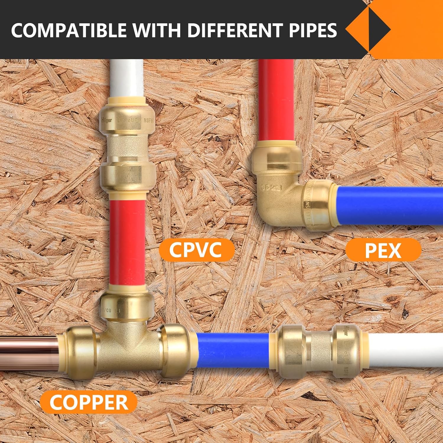 HeSun 12-Pack Pushfit Fittings Combo, 1/2" Push to Connect Plumbing Fittings - Brass, 5 Couplings, 5 Elbows, 2 Tees, Disconnect Clip