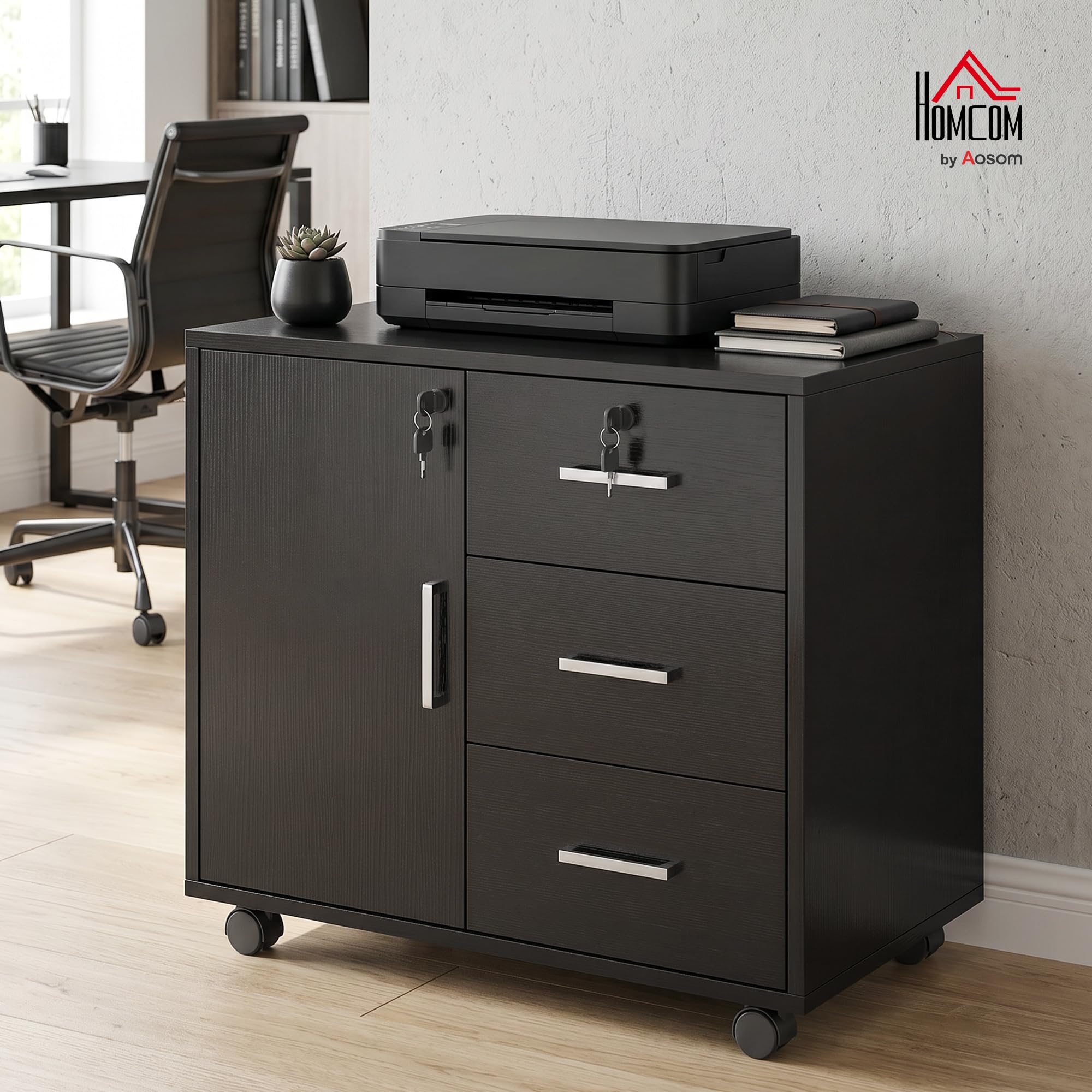 HOMCOM Cassettiera da scrivania con 3 cassetti, 40 x 60 x 56 cm, colore: Nero | Armadietto portaoggetti regolabile per ufficio, ruote
