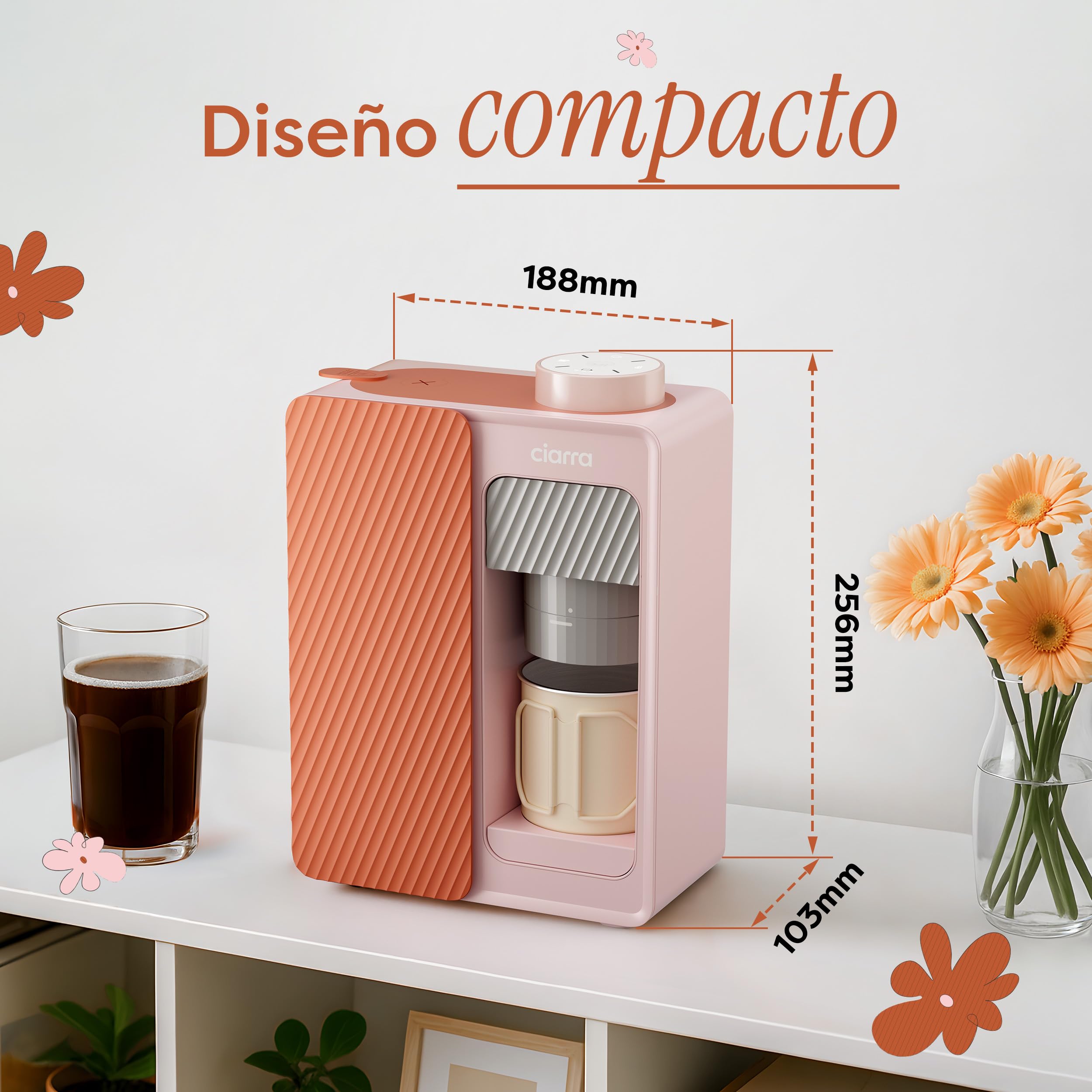 CIARRA BloomBox Cafetera Portátil Espresso de 15 bares Rosa | con Batería y Conexión a la Red Eléctrica, Máquina de Café Recargable Autocalentable para Acampadas y Viajes - CBPCM551-P