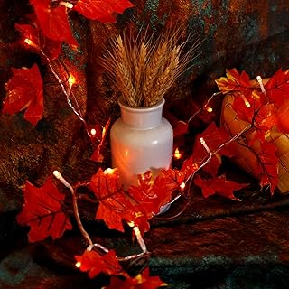 Fall Leaves Garland with Lights, Battery Operated with Timer, 7.2 Ft with 24 LED Lights, Thanksgiving Lights, Maple Leaves String Lights Waterproof Fall Decor for Indoor Outdoor