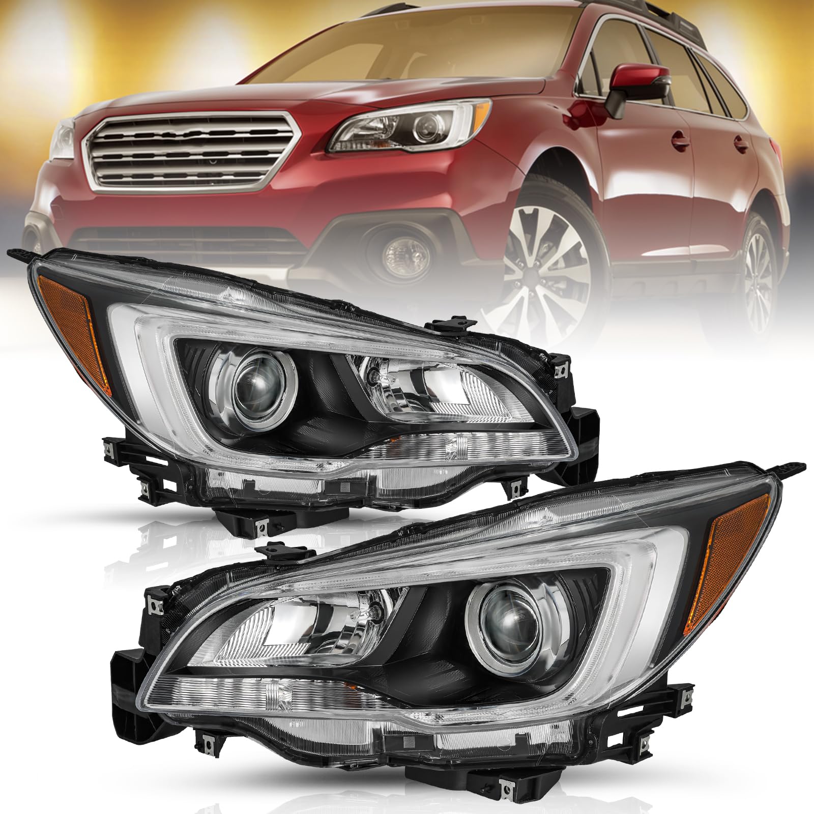 TUSDAR Headlight Assembly Set for 2015-2017 Subaru Outback Halogen Headlamp Passenger and Driver Side Black Bezel