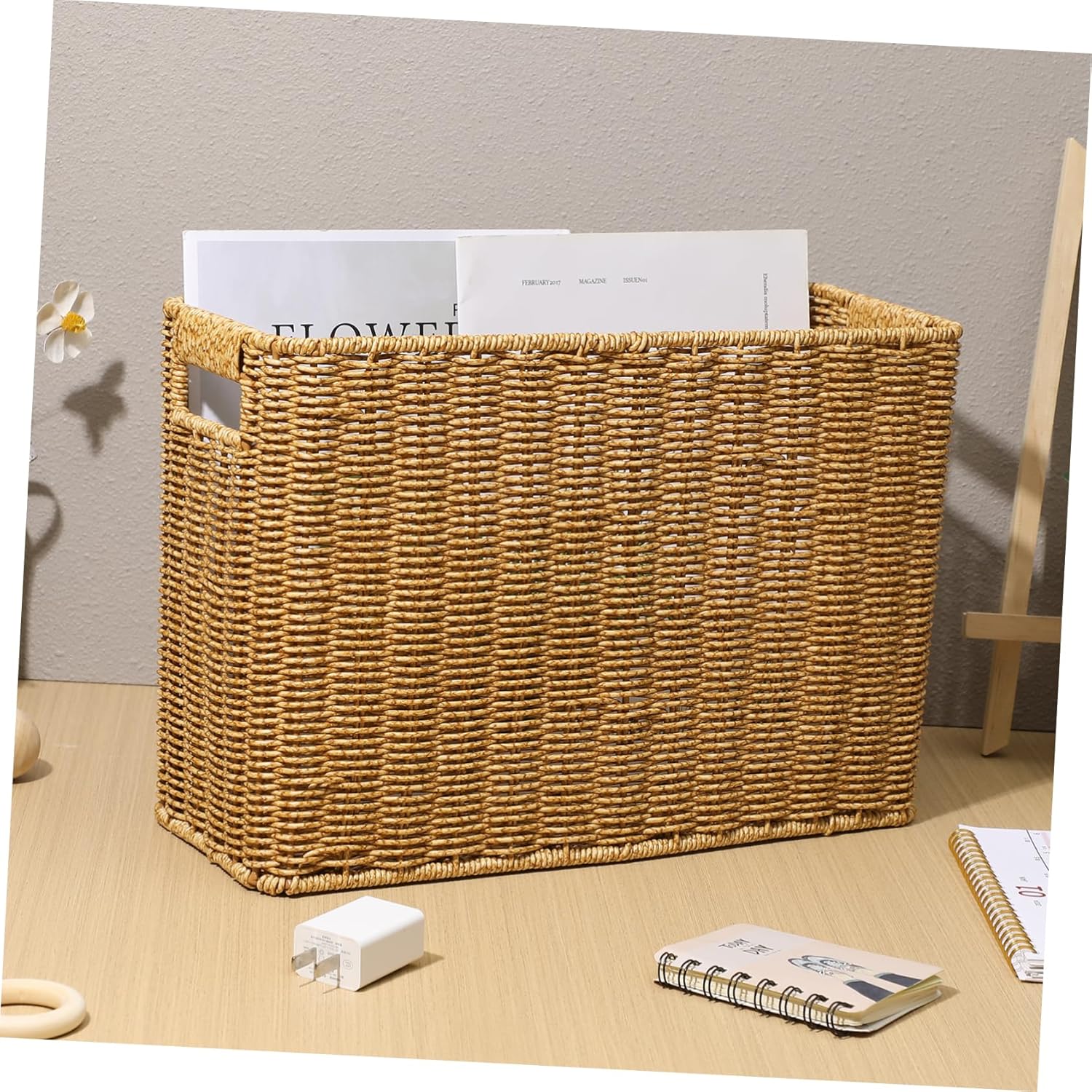 VOSAREA Hollow Handle Woven Storage Basket Capacity Organizer for Sundries Stylish Home for Magazines and More Rustic Charm with Design