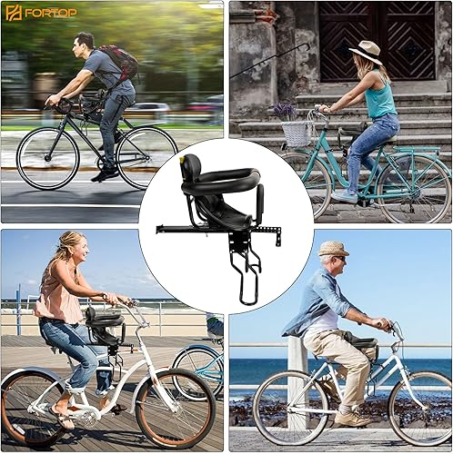 Vista 12 de Asiento de bicicleta de bebé, asiento de bicicleta para niños con cinturón de seguridad y pasamanos, compatible con bicicleta de adulto