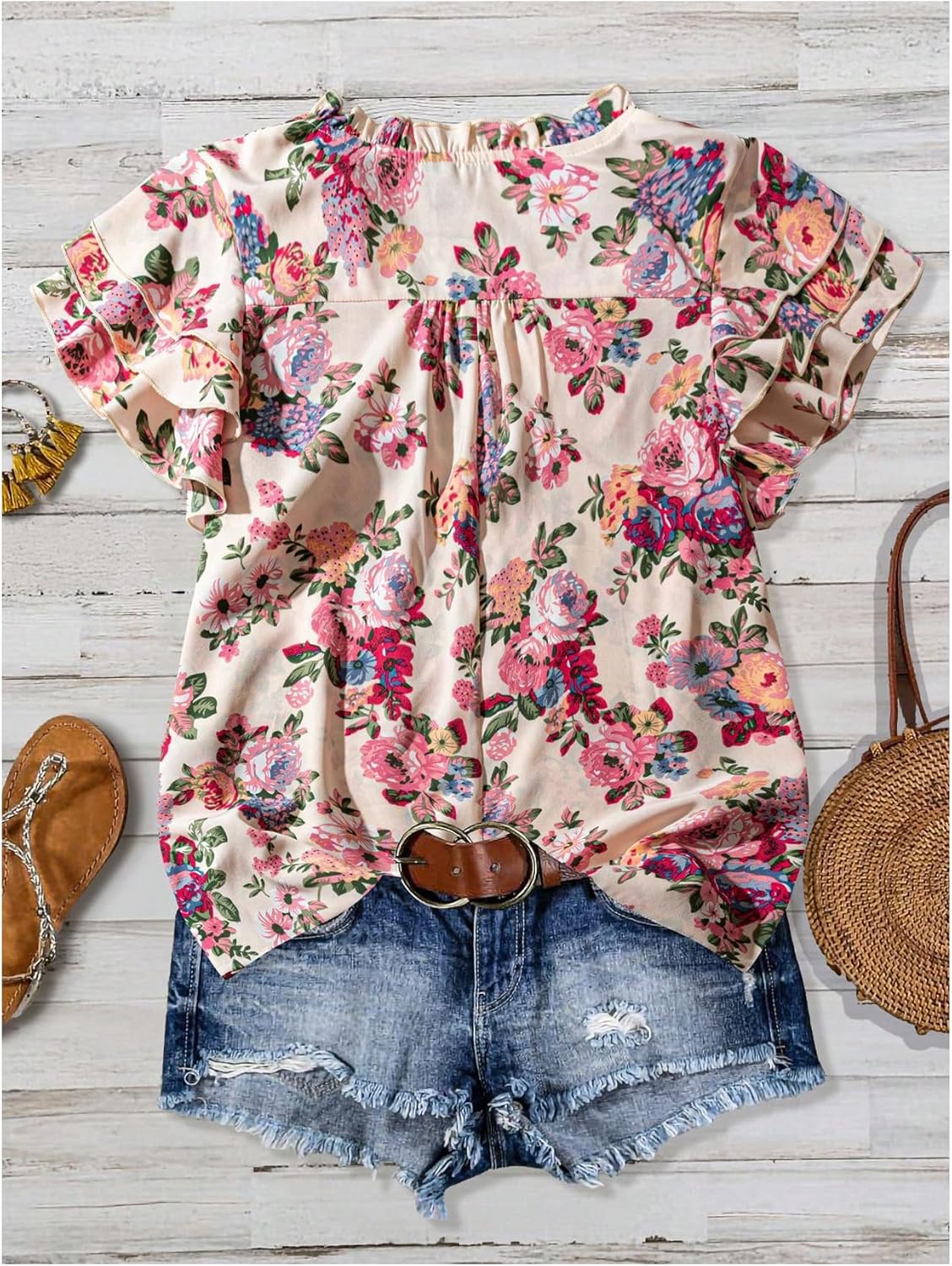 SOLY HUX Women's Plus Size Floral Blouse V Neck Ruffle Short Sleeve Vacation Summer Boho Tops - Image 2