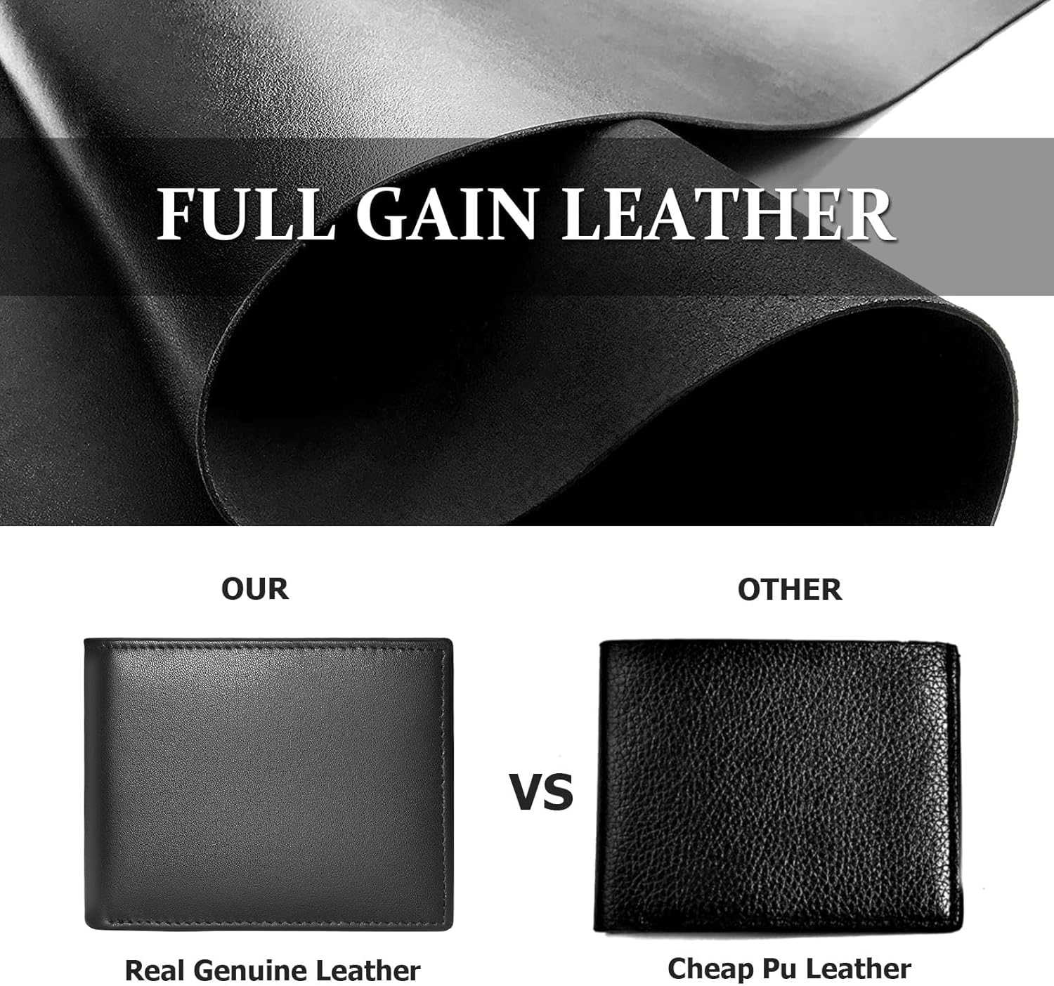 Genuine Leather Mens Wallet, RFID Blocking Bifold Wallet for Men with ID Window, 11 Credit Card Slots (Black) - Image 2