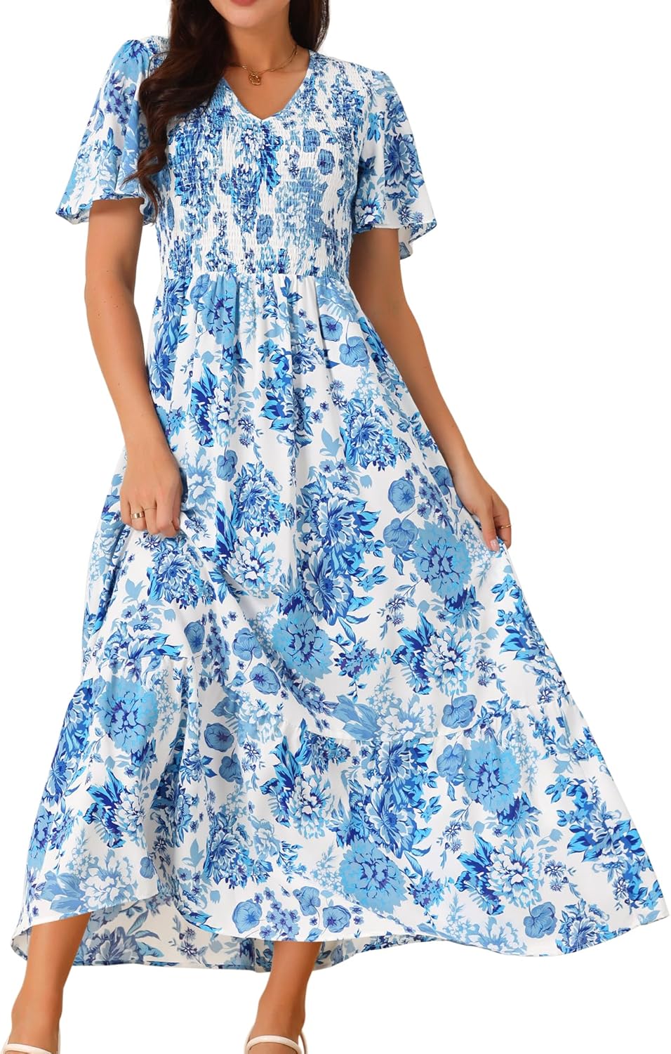 Seta T Women's Summer Dresses Casual Floral Short Sleeve V Neck Smocked Flowy Maxi Dress with Pockets