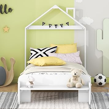 Twin Size Wood Platform Bed with House-Shaped Headboard and Footboard Bench,Suitable for Children and Teenagers Bedroom use. White#