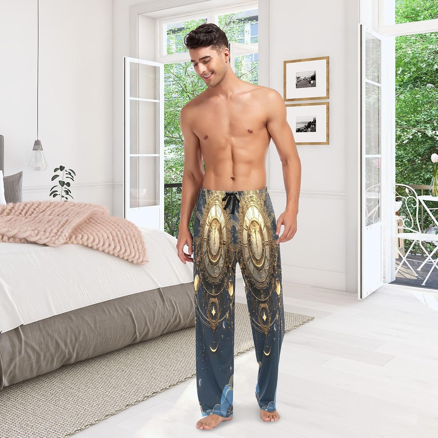 ALAZA Clock Dreamcatcher Sun Moon Star Men's Pajama Pants Men Cotton Pajama Bottoms with Pockets, S