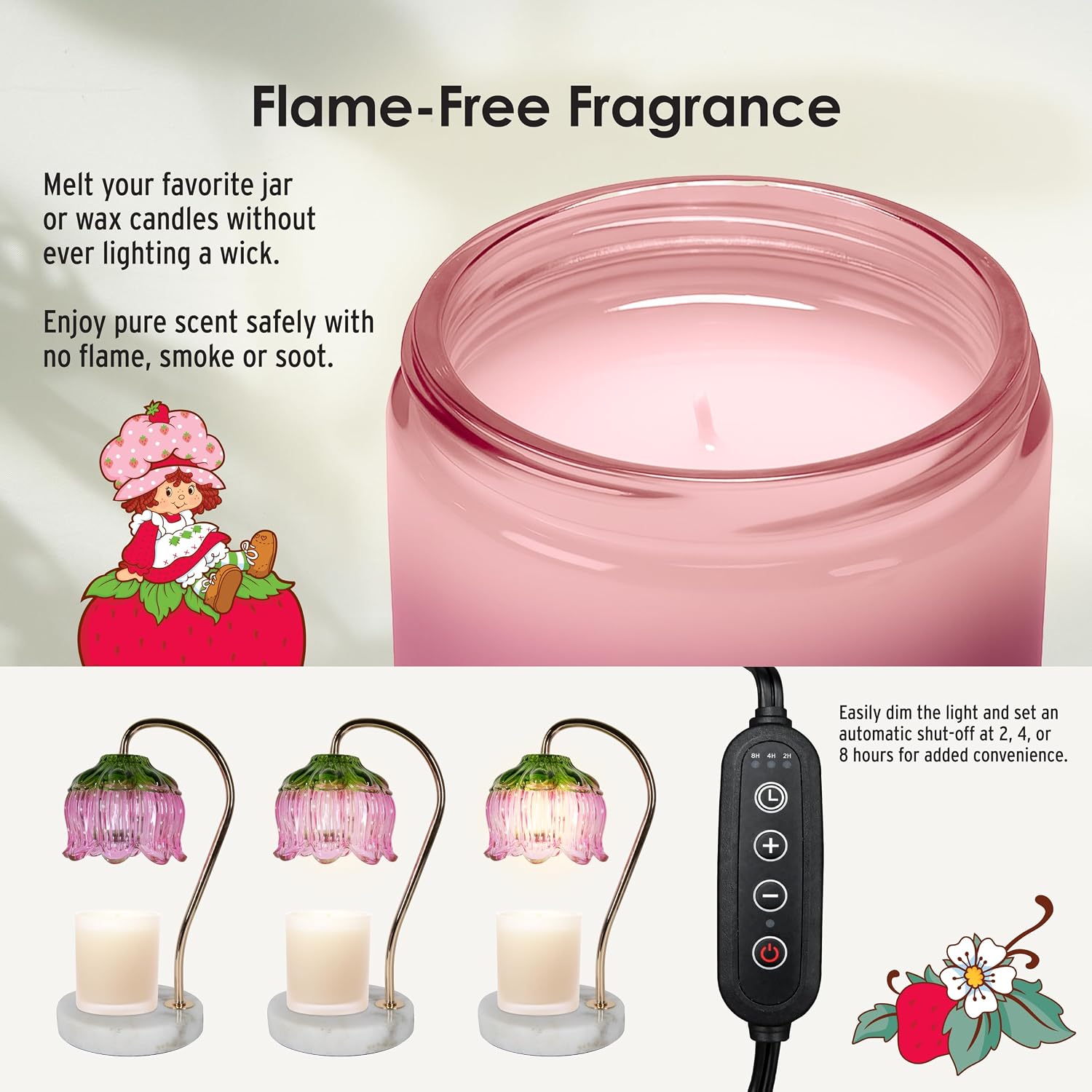 Strawberry Shortcake Candle Warmer Lamp, Dimmable Candle Lamp with Built in Timer, Glass Strawberry Pink Dome, Gold Pole, White MarbleAnt-Slip Base, 50W Bulb, Wall Plug-in Heat Lamp, Safe Home Gift
