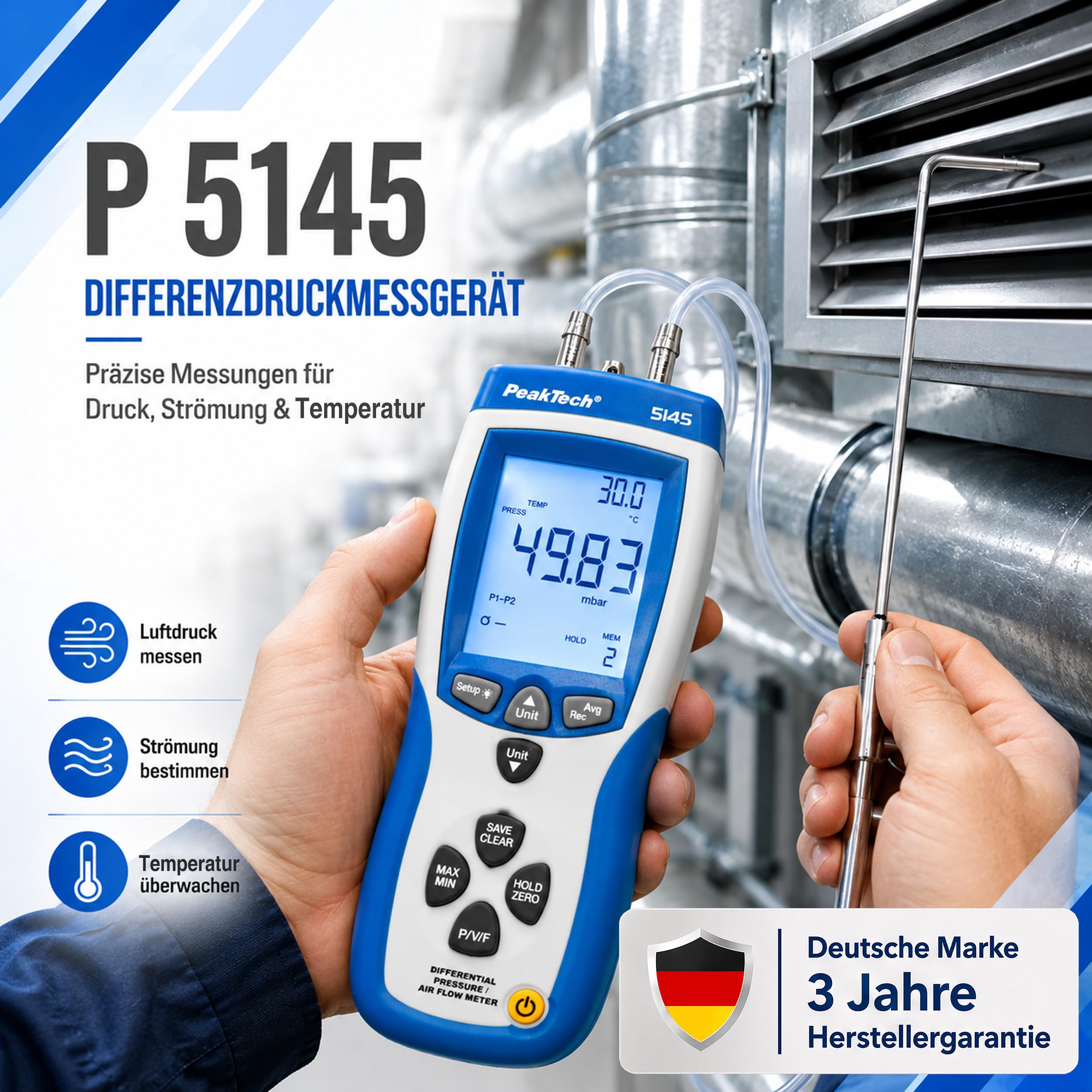 PeakTech 5145 - Differenzdruck Manometer max. 50 mBar mit USB