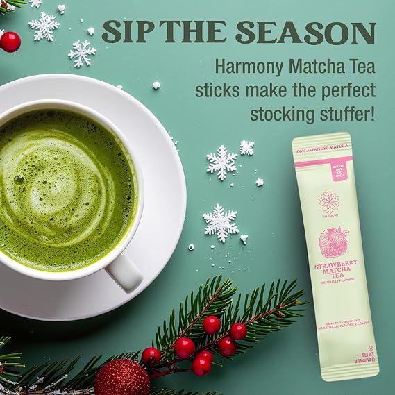 The Harmony Matcha Strawberry (10 Sticks) Premium Japanese Matcha Powder, Rich in Antioxidants & L-Theanine, Sweetened with Organic Sugar, No Preservatives