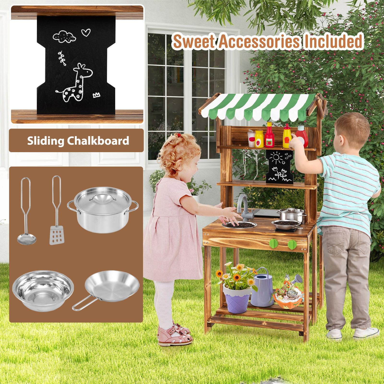 HOMASIS Cuisine d'extérieur en Bois avec auvent, Cuisine Jouet pour Enfants Double Face avec Tableau Noir, Robinet, 4 ustensiles et 2 Crochets, Barbecue Jouet pour Enfants à partir de 3 Ans, Vert