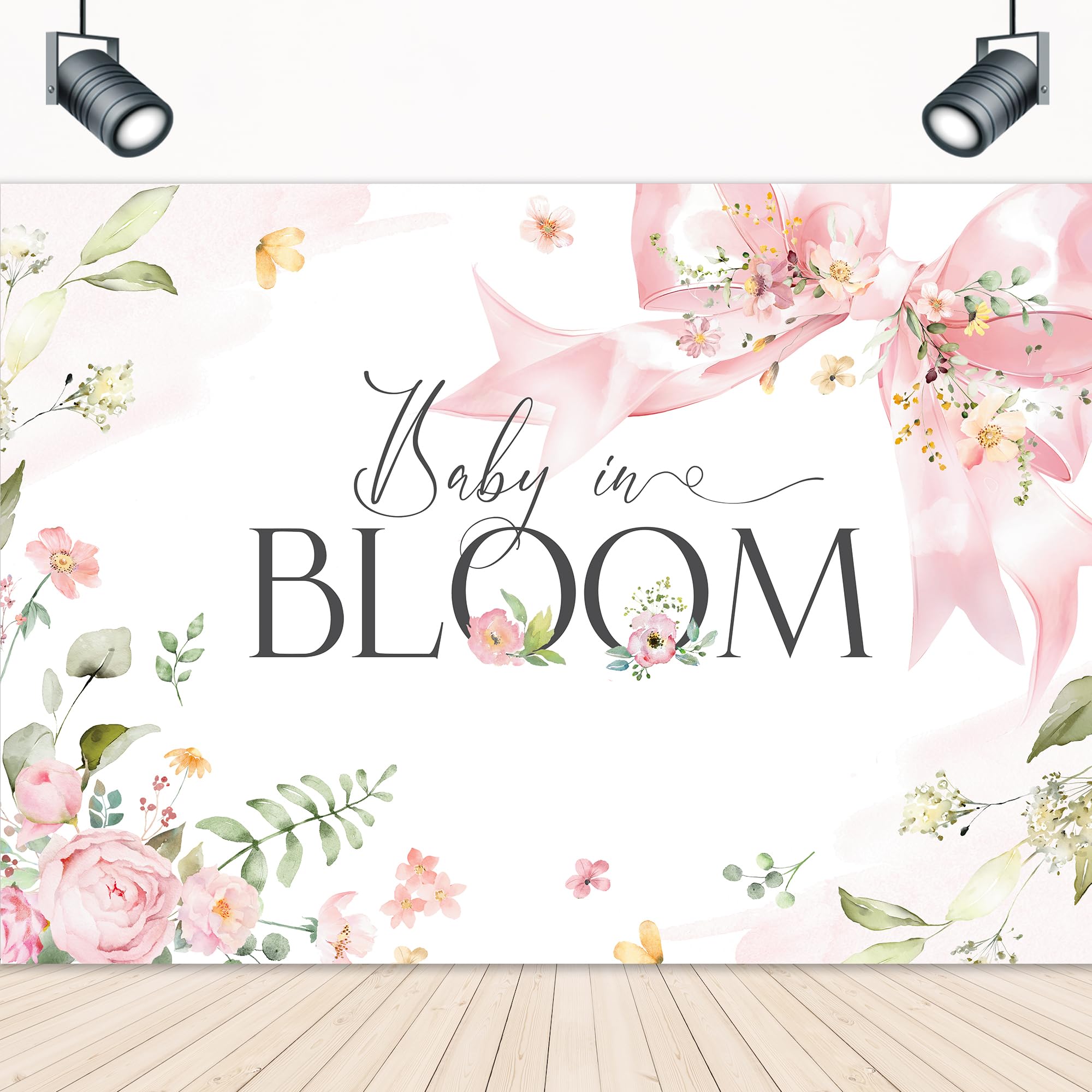 LIGHTINHOME Baby in Bloom Backdrop 7Wx5H Feet for Pink Bow Baby Shower Girls Coquette Flower Bownot Floral Blossom Plant Leaves Girly Photography