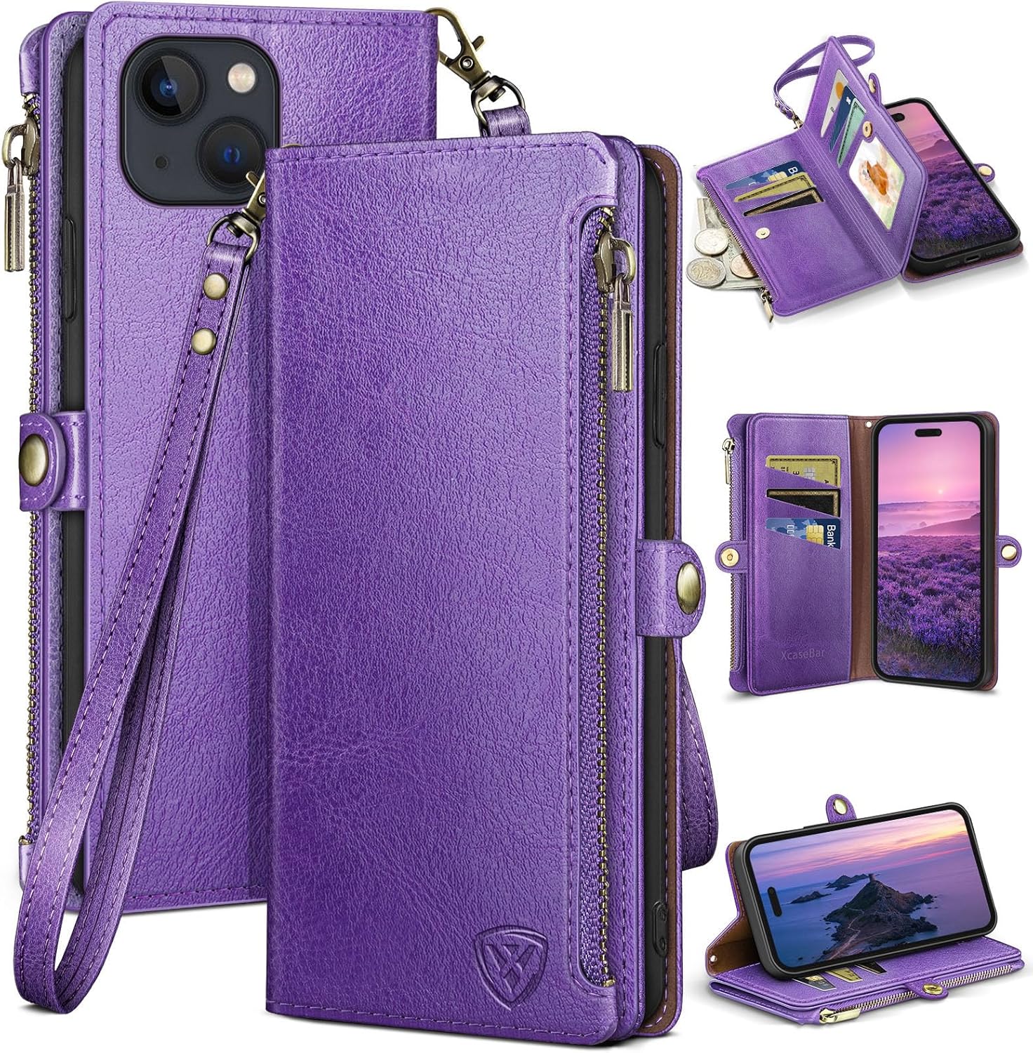 XcaseBar for iPhone 15 6.1" Wallet case with Zipper Credit Card Holder RFID Blocking,Flip Folio Book PU Leather Shockproof Strap Protective Cover Women Men for Apple 15 Phone case Purple