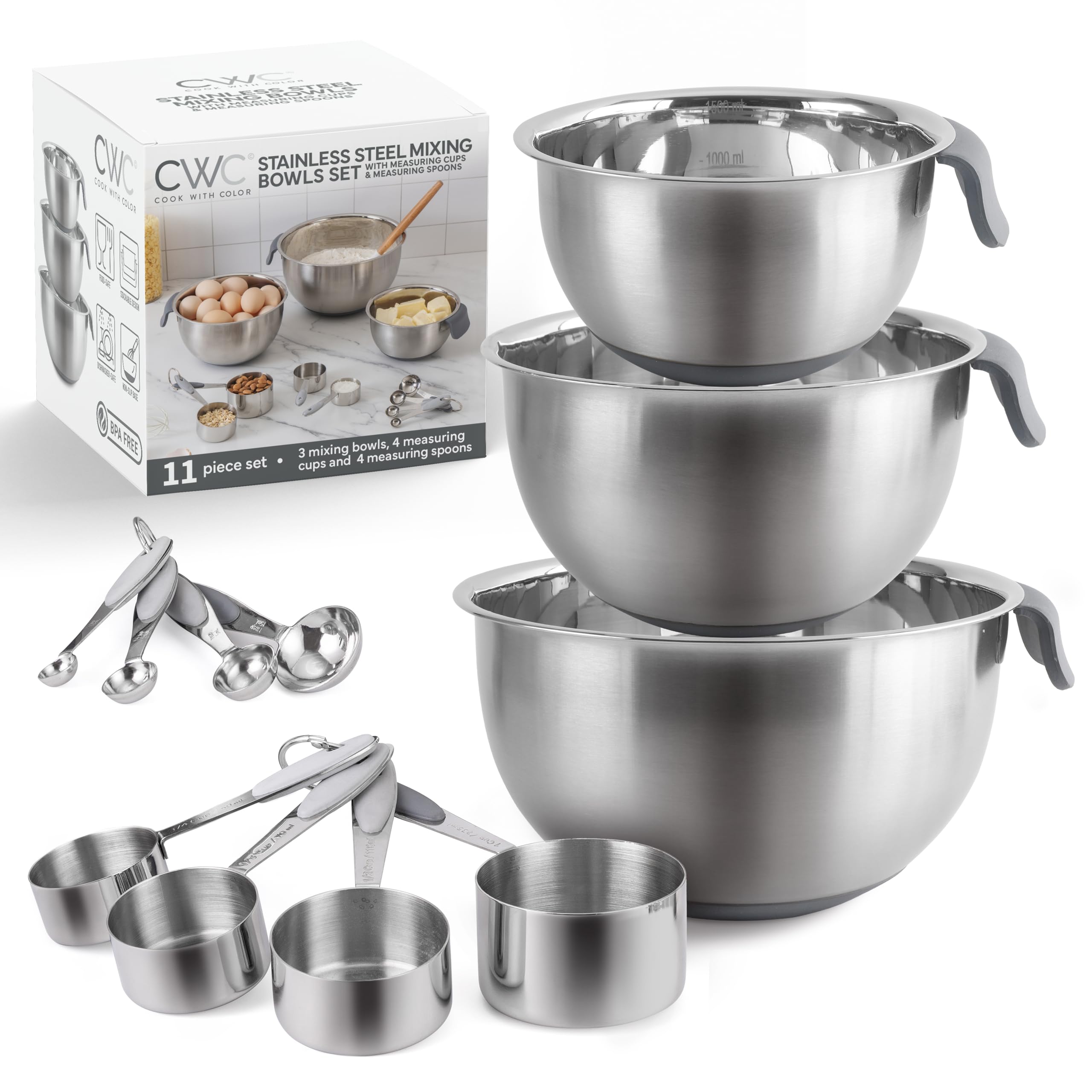 Photo 1 of COOK WITH COLOR Stainless Steel Mixing Bowls Set and Measuring Cups - Nesting Bowls with Non-Slip Bottom and Easy-Grip Handles, Grey, 11 Pieces