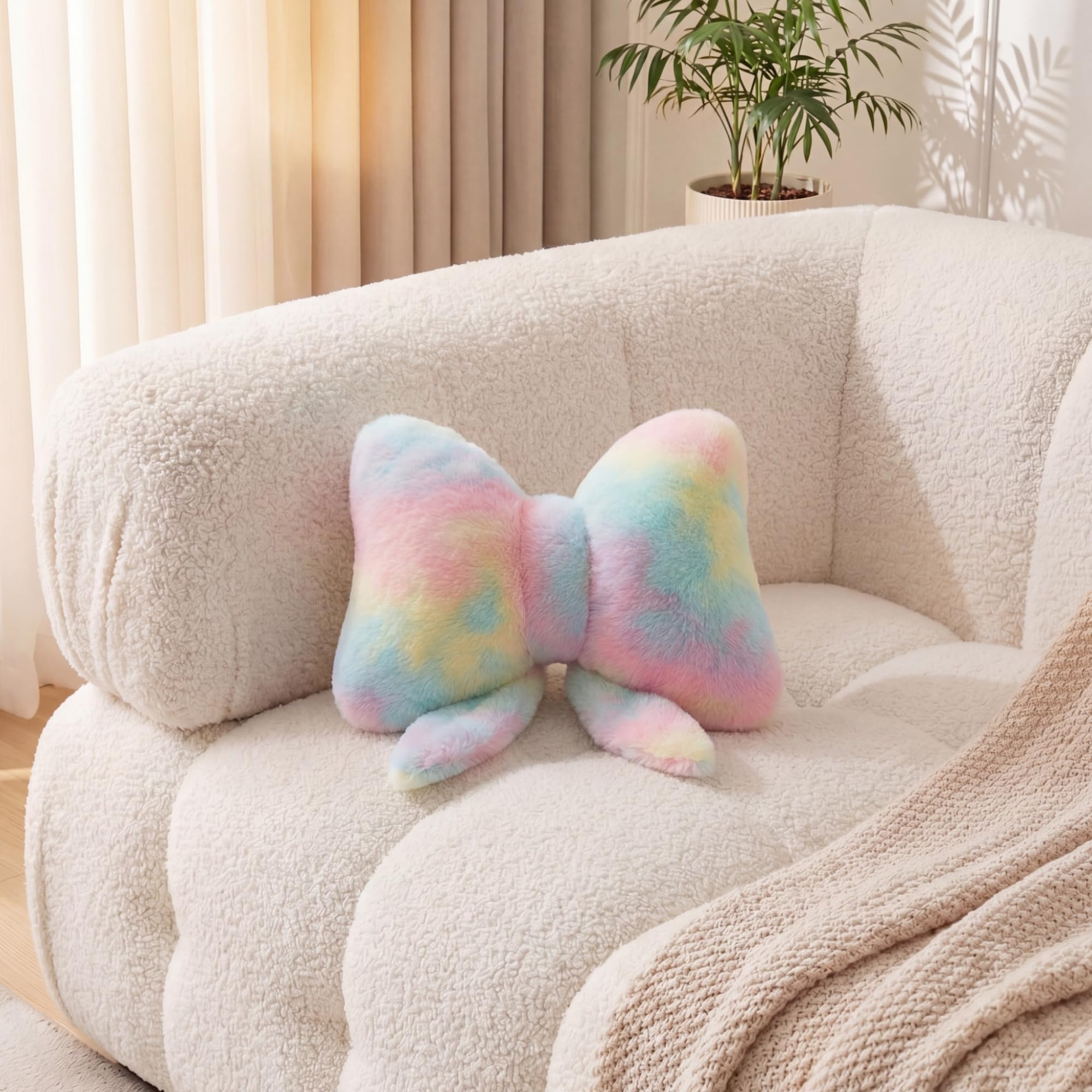 Sliner Pastel Bow Pillow DIY Aesthetic Bow Decor Cute Faux Rabbit Fur Bowknot Pillow for Bed Coquette Rainbow Seat Cushions Soft Throw Pillows for Sofa Couch Car Office Home Decor, 10.2" * 10.6 "