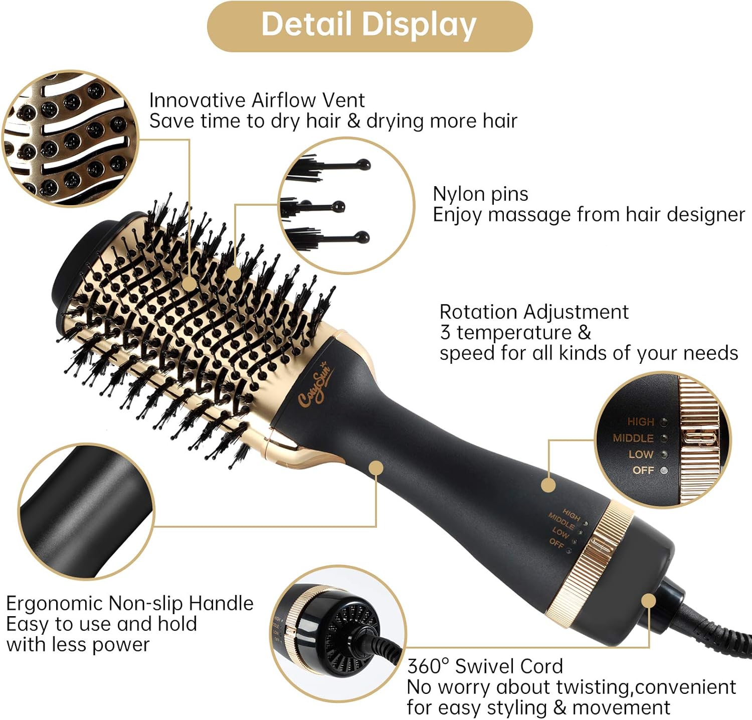 CosySun Hair Dryer Brush Hot Air Brush One-Step Hair Dryer Volumizer 3 in 1 Salon Negative Ion Ceramic Electric Blow Dryer Fast Drying Styling Straightening Curling Hair Straightener Brush(Gold) : Beauty & Personal Care