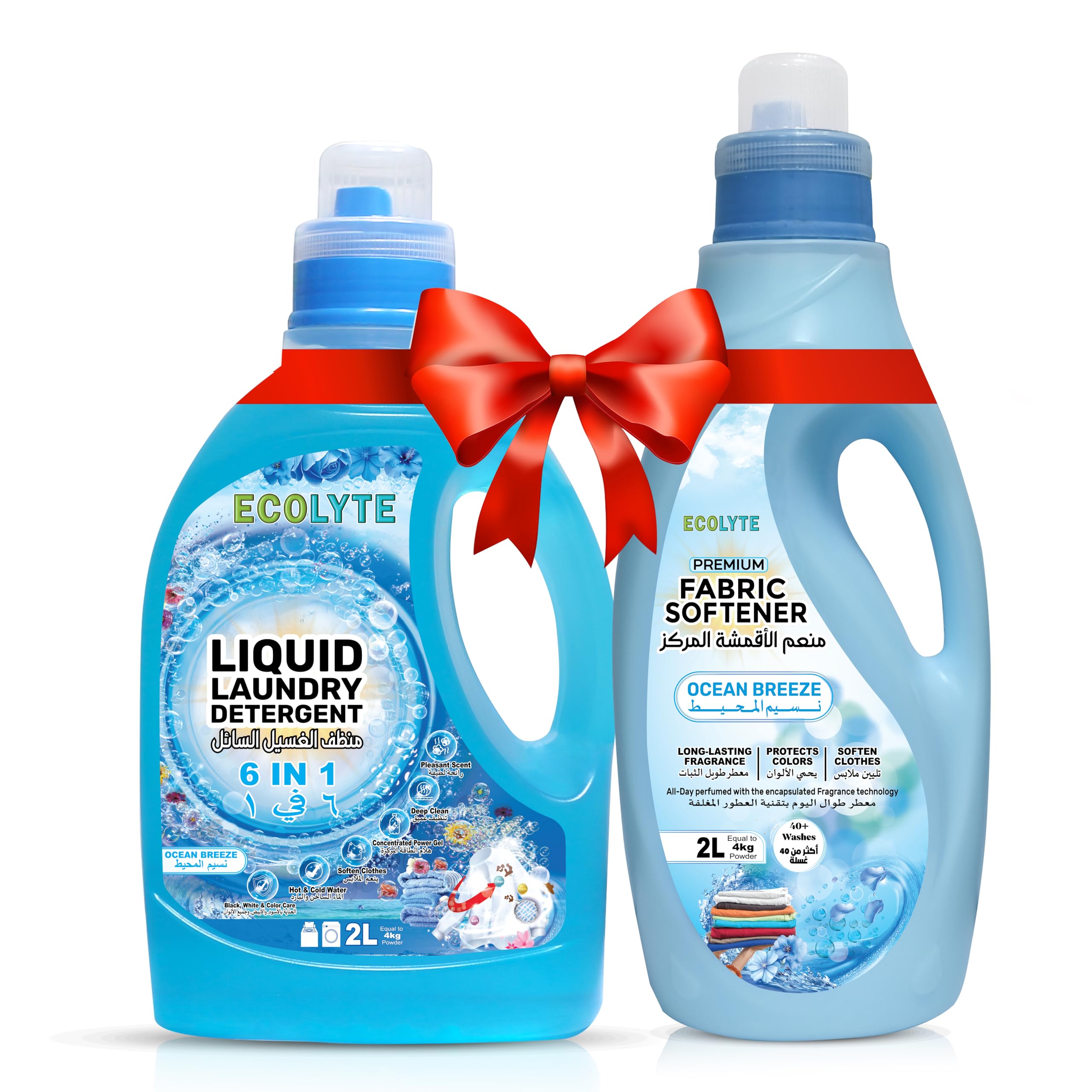 ECOLYTE+ Liquid Laundry Detergent & Fabric Softener Bundle, 6 in 1 Deep Clean, Perfect Clean, Long Lasting Scent, Enhances Softness, Feel Luxurious - (Ocean Breeze, 2 Liter, Pack of 2)