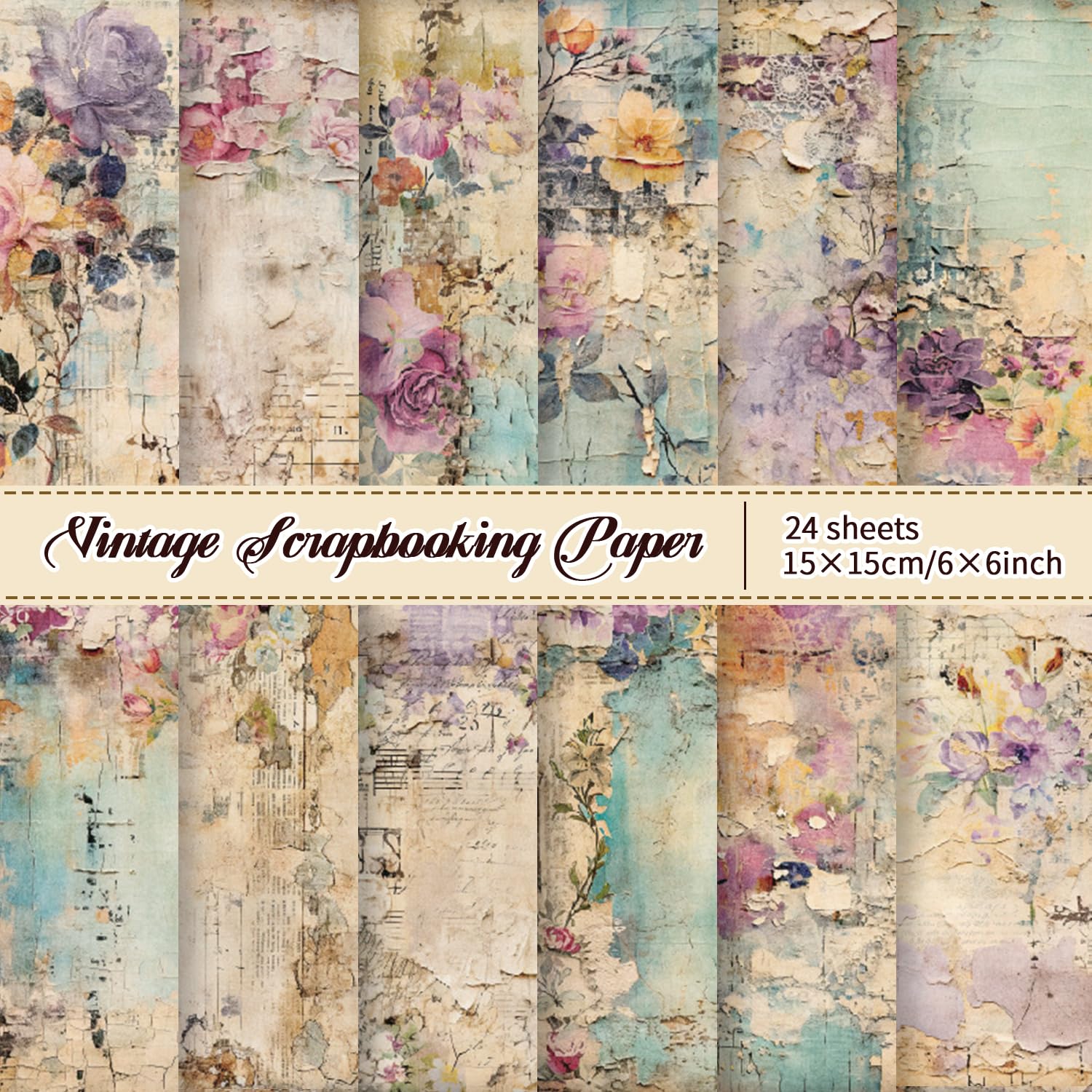 24 blocs de papel para álbumes de recortes de 6 x 6 pulgadas, patrón floral morado y amarillo, paquete de papel decorativo vintage para decoupage para hacer tarjetas, suministros de álbumes de