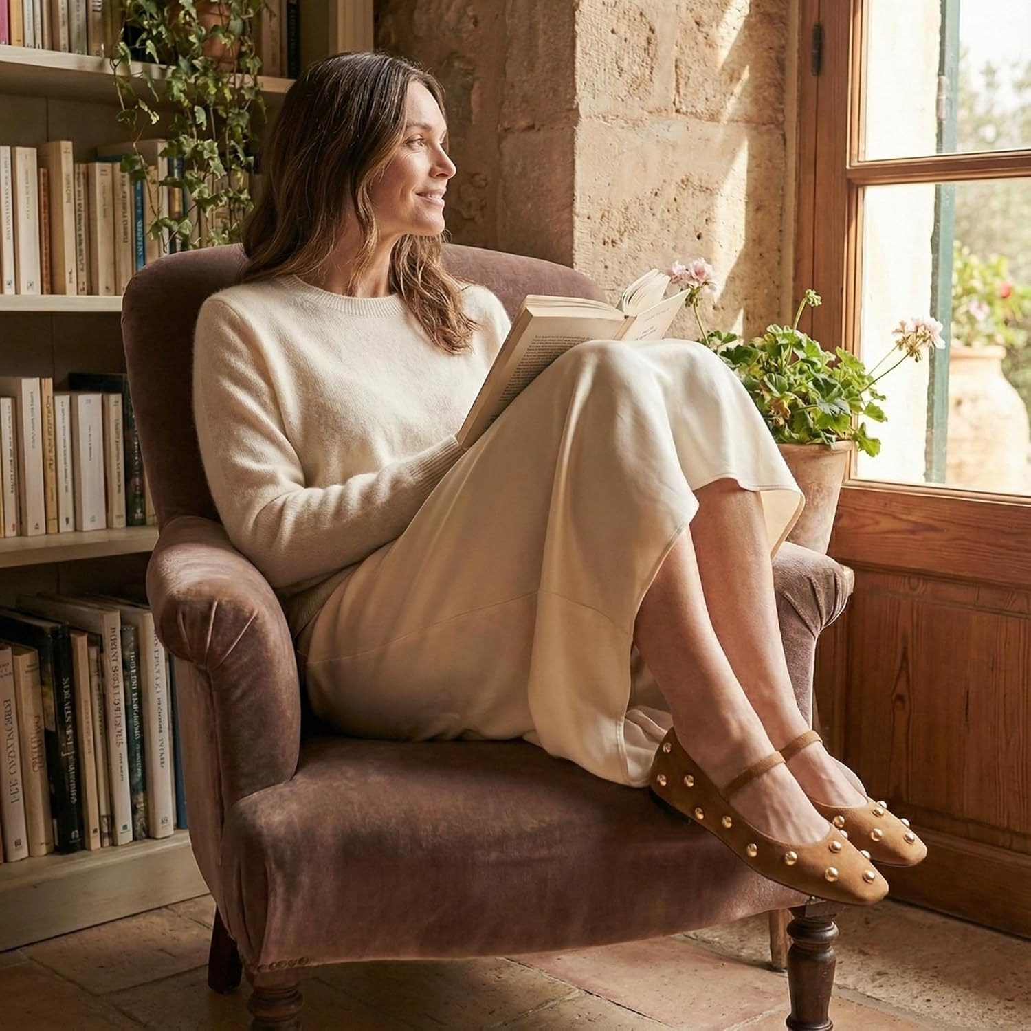 RBTHOLP Studded Ballet Flats for Women Square Toe Mary Jane Flats with Strap Suede Comfortable Studded Dressy Shoes - Image 3