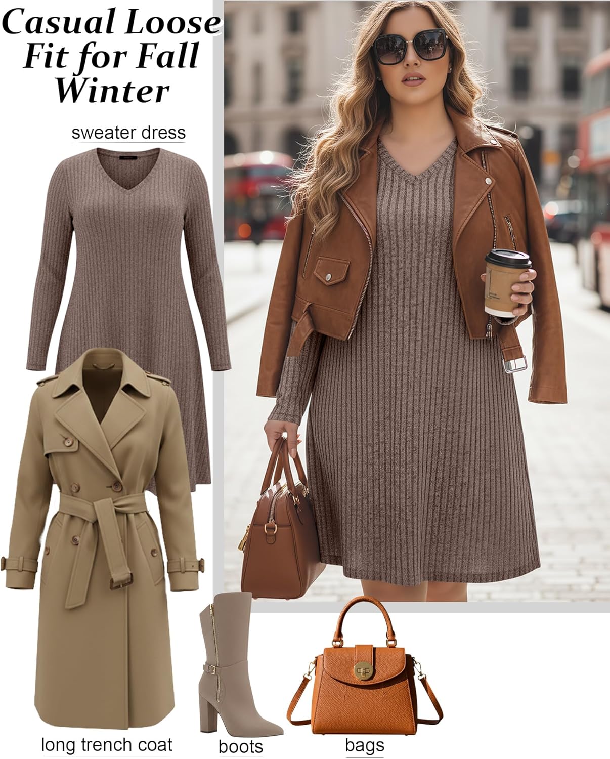 3 Pack Women's Plus Size Dresses Long Sleeve V Neck Ribbed Sweater Loose Casual Lighweight Dress for Curvy Women - Image 5