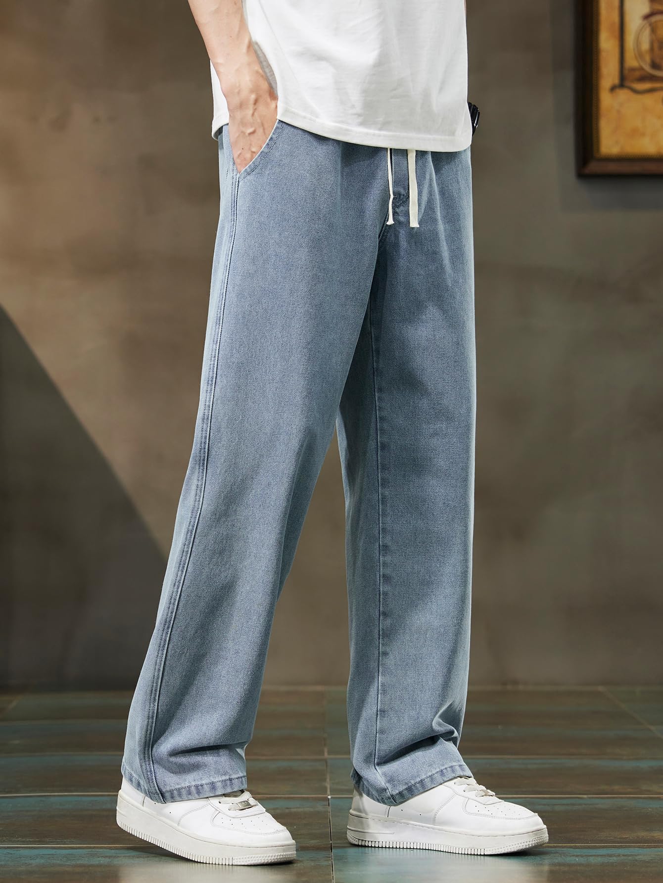 Herren Straight Baggy Jeans mit Elastikbund, Kordel & Taschen, Y2K