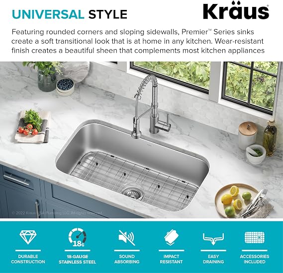 KRAUS Premier 32 3/8 inch Undermount Single Bowl 18-Gauge Stainless Steel Kitchen Sink with Bottom Grid and Strainer, KBU44