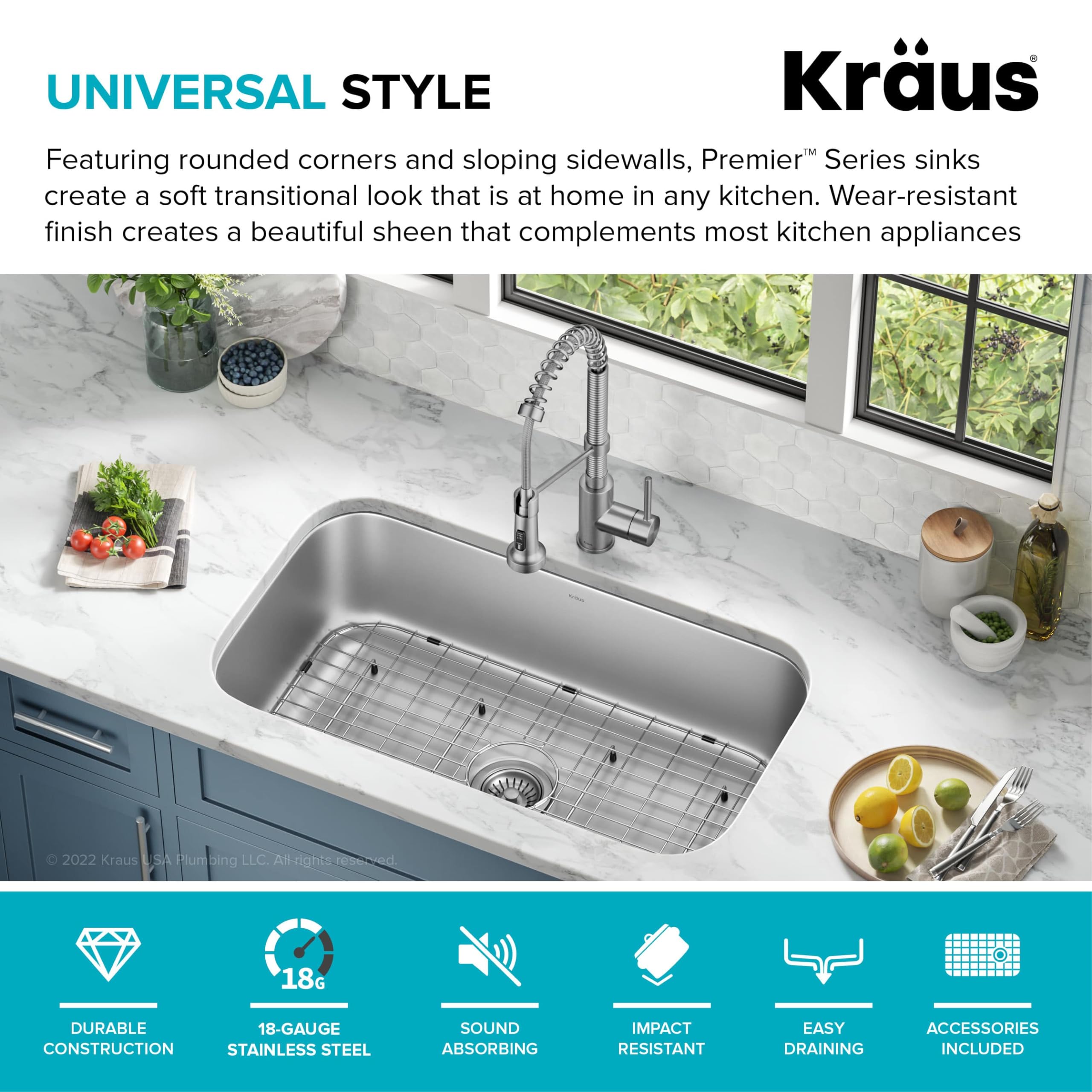 Kraus Premier - Lavello da cucina a vasca singola in acciaio INOX, 81,3 cm, spessore 18 mm