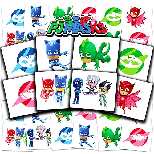 PJ Masks - Paquete de tatuajes para fiestas ~ 72 máscaras perforadas individuales de 2 x 2 pulgadas, tatuajes temporales para niños y niñas