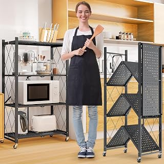 4 Tier Shelf Foldable Storage Shelf w/360° Movement Wheels, No Assemble Shelving Storage, Heavy Duty Folding Shelves, Garage Shelf Storage Organizer for Laundry, Kitchen, Utility Room(Black, 4Tier)