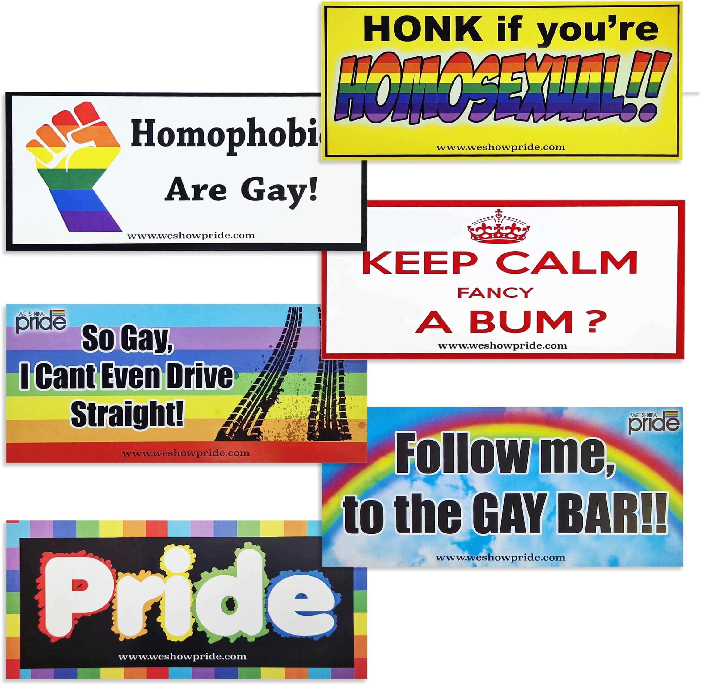 6X Gay Pride Novelty Bumper Stickers All 6 Designs